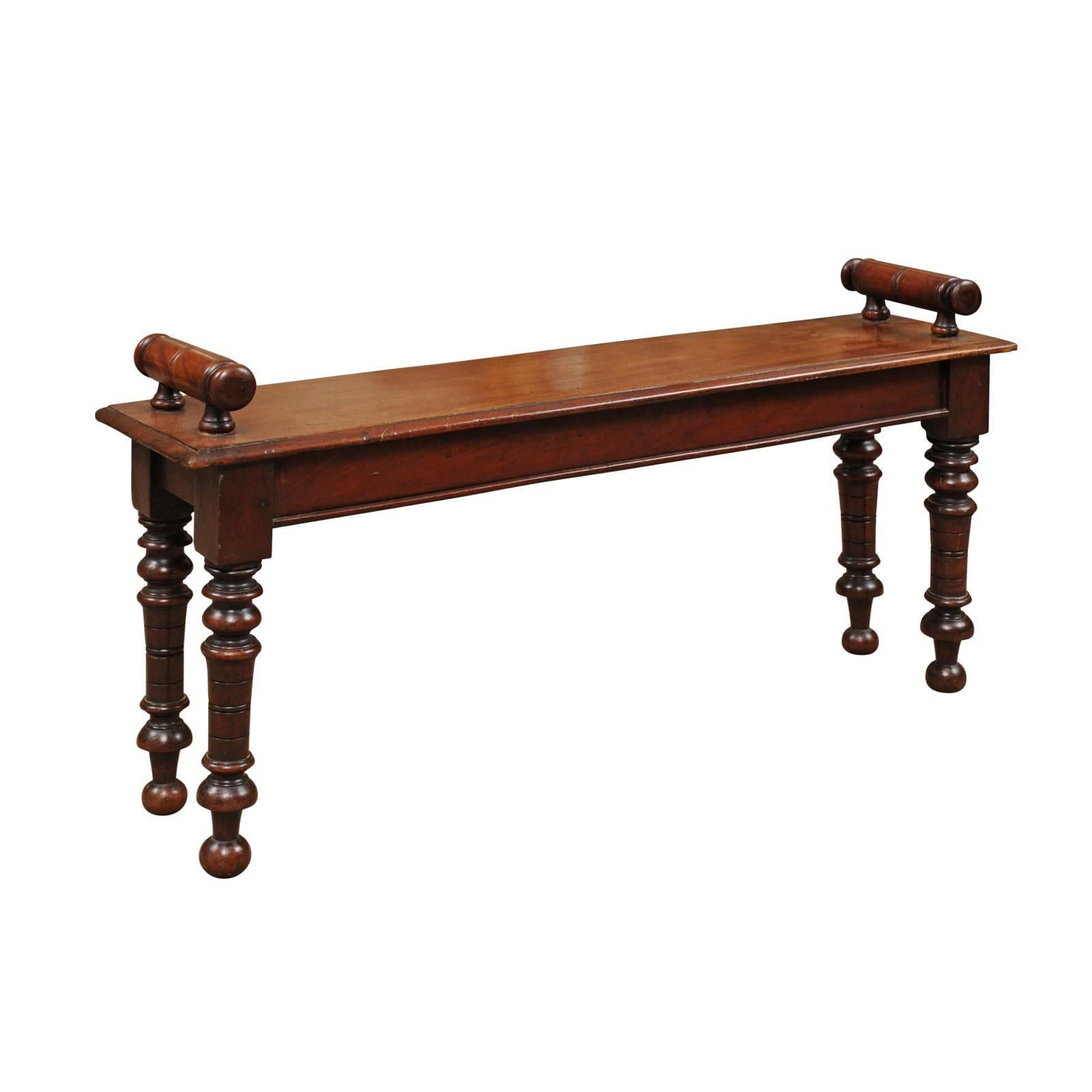 19th Century English Regency Style Mahogany Hall Bench with Turned Legs