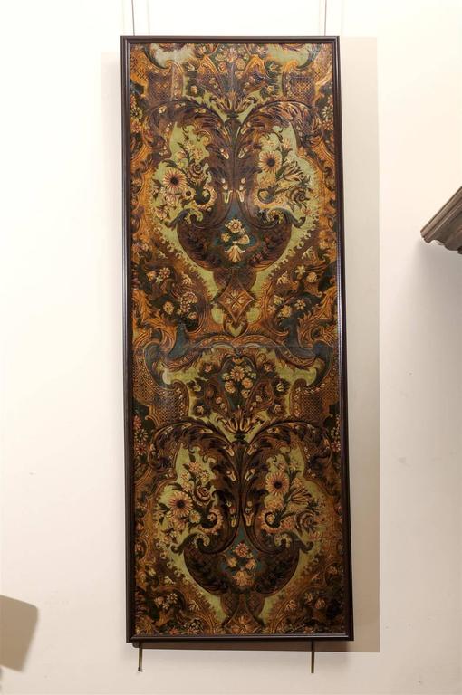 Pair of Embossed Leather Panels with Flowers and Wood Frames at 1stDibs