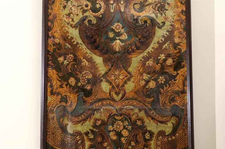 Pair of Embossed Leather Panels with Flowers and Wood Frames at 1stDibs