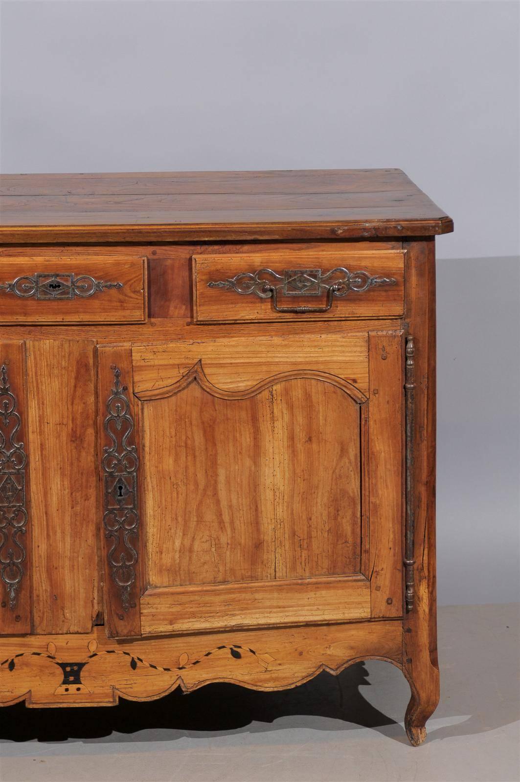 19th Century French Louis XV Style Fruitwood Buffet with Marquetry Inlay, circa 1820 For Sale