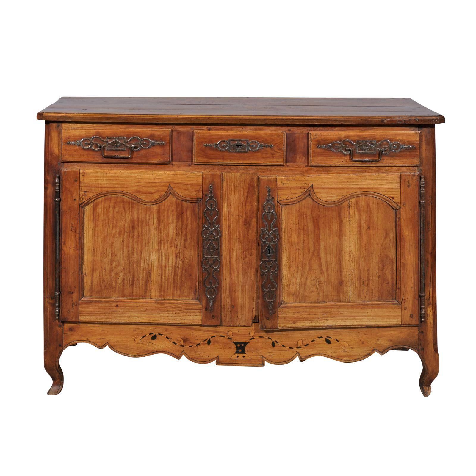 French Louis XV Style Fruitwood Buffet with Marquetry Inlay, circa 1820