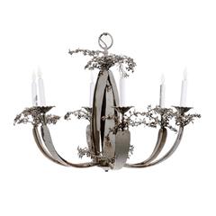 Blue Grey Painted Iron Chandelier with Six Lights and Tole Leaf Detail