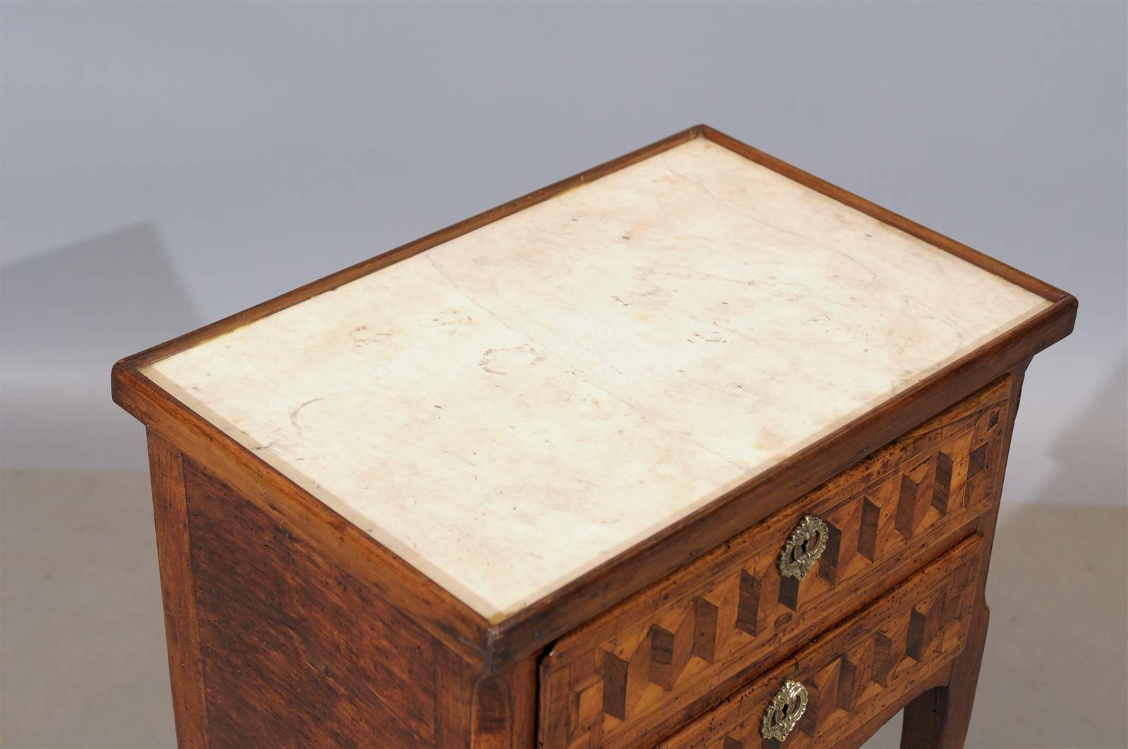 18th Century and Earlier 18th Century Louis XV Chevet with Parquetry Inlay and Marble Top