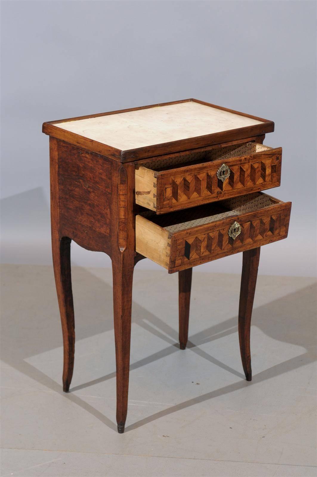 French 18th Century Louis XV Chevet with Parquetry Inlay and Marble Top