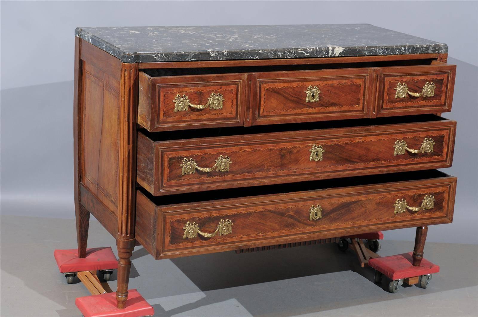 French Louis XVI Style Commode in Walnut, Kingwood and Tulipwood with Grey Marble Top
