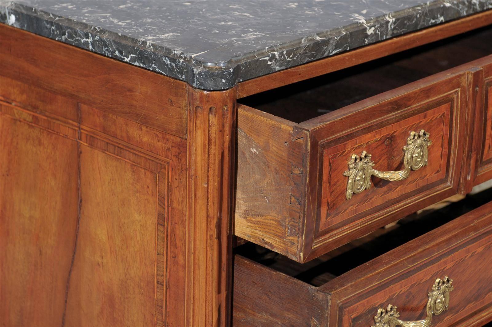 Louis XVI Style Commode in Walnut, Kingwood and Tulipwood with Grey Marble Top 4