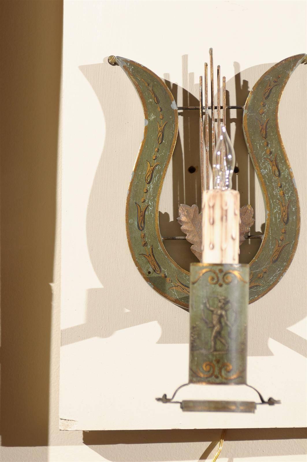 19th Century Pair of Painted Tole Sconces with Lyre Detail