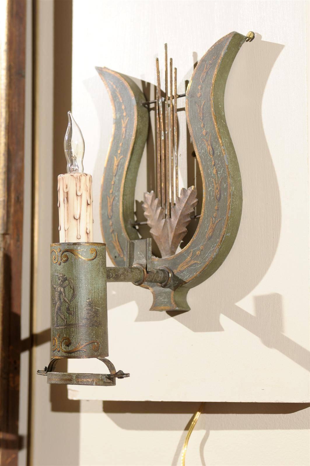 Pair of Painted Tole Sconces with Lyre Detail 3