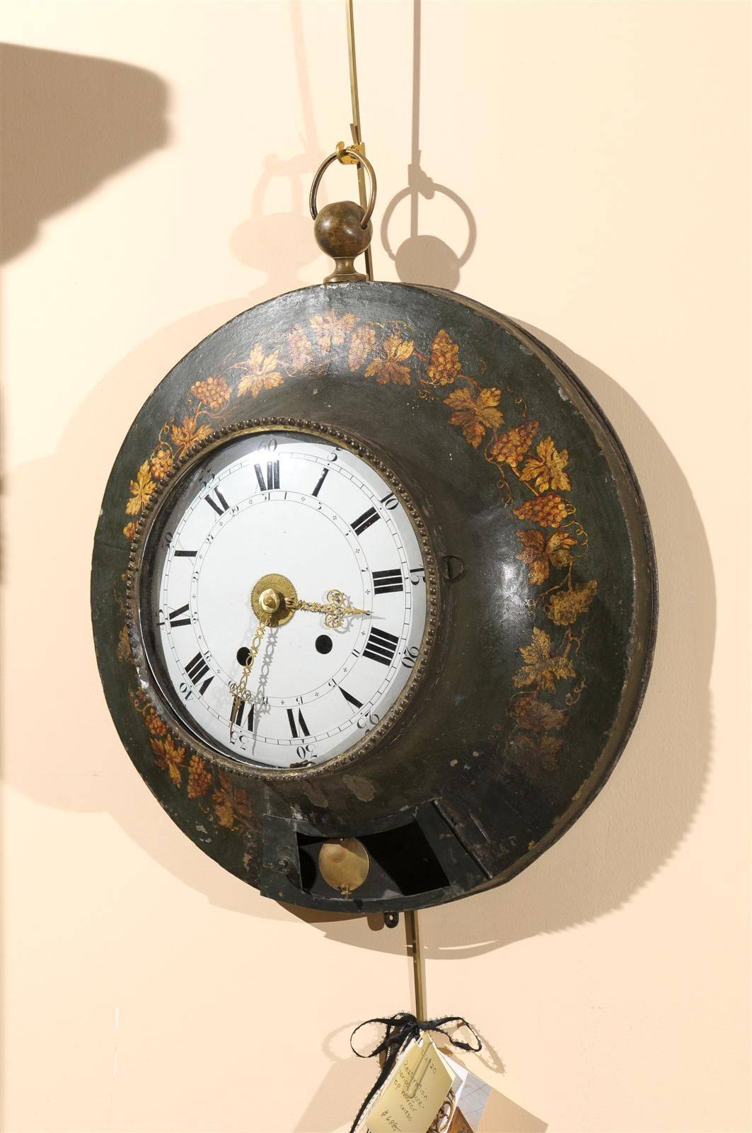 Large 19th Century French Painted Tole Wall Clock with Grapevine Detail In Excellent Condition In Atlanta, GA