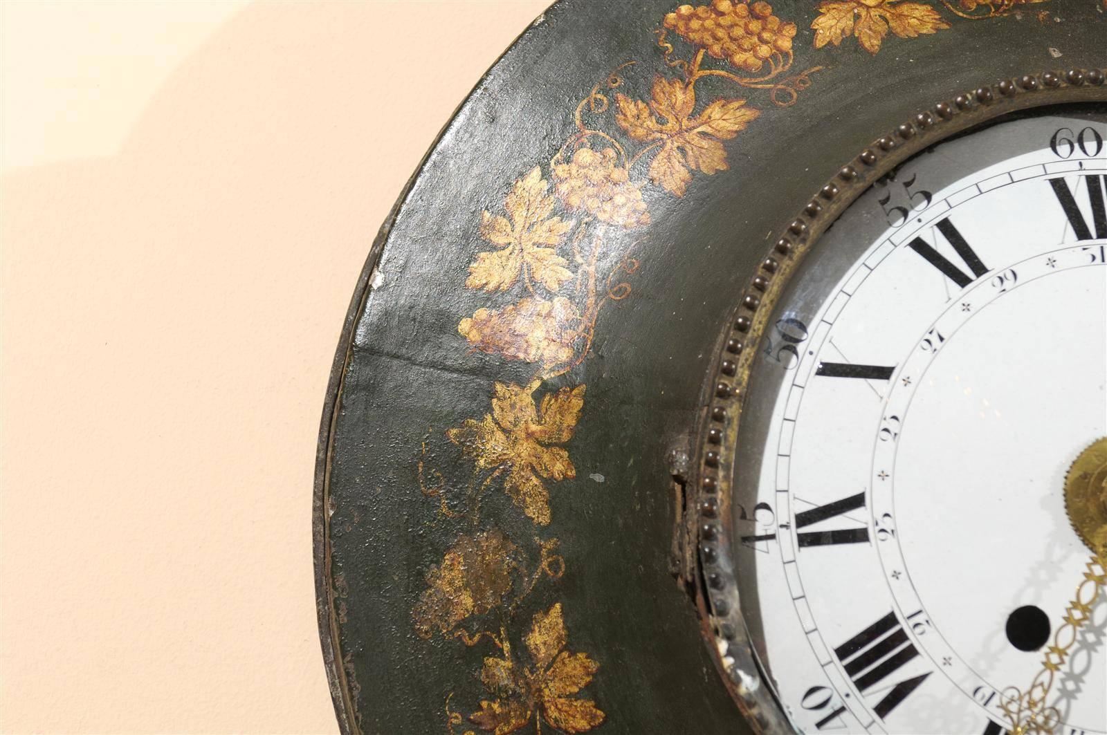 Large 19th Century French Painted Tole Wall Clock with Grapevine Detail 5