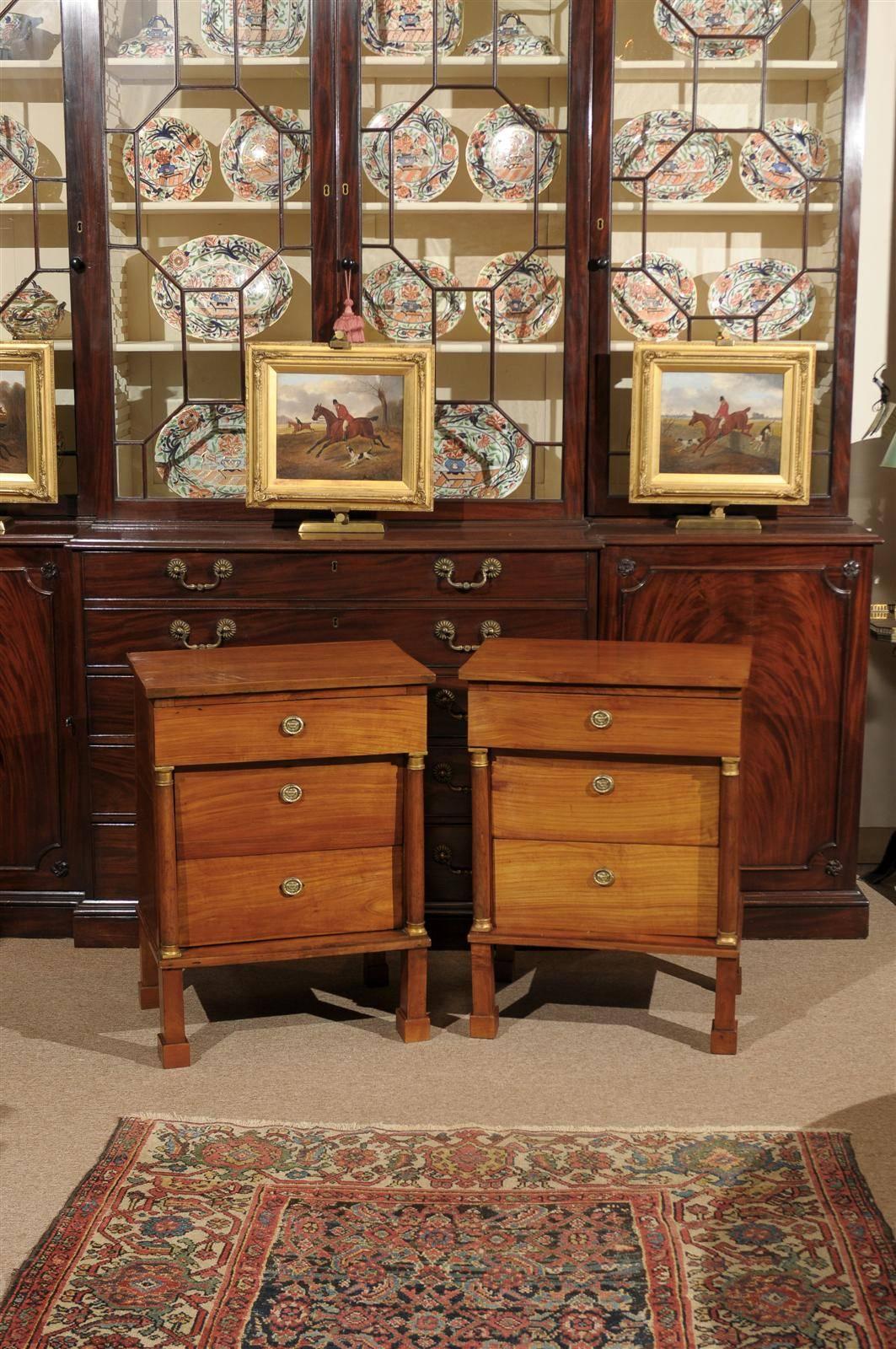 Pair of Italian Fruitwood Empire Bedside Commodes with 3 Drawers In Excellent Condition In Atlanta, GA