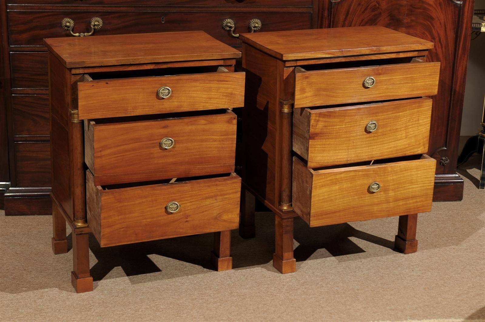 Pair of Italian Fruitwood Empire Bedside Commodes with 3 Drawers 2