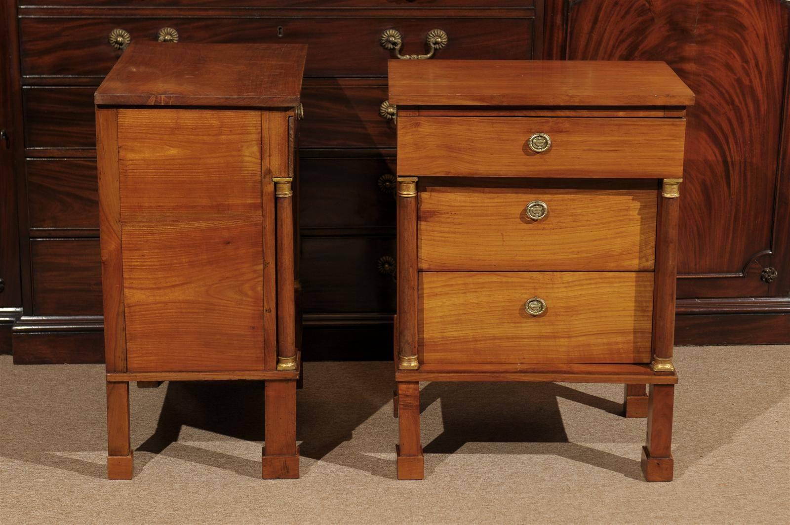 Pair of Italian Fruitwood Empire Bedside Commodes with 3 Drawers 3