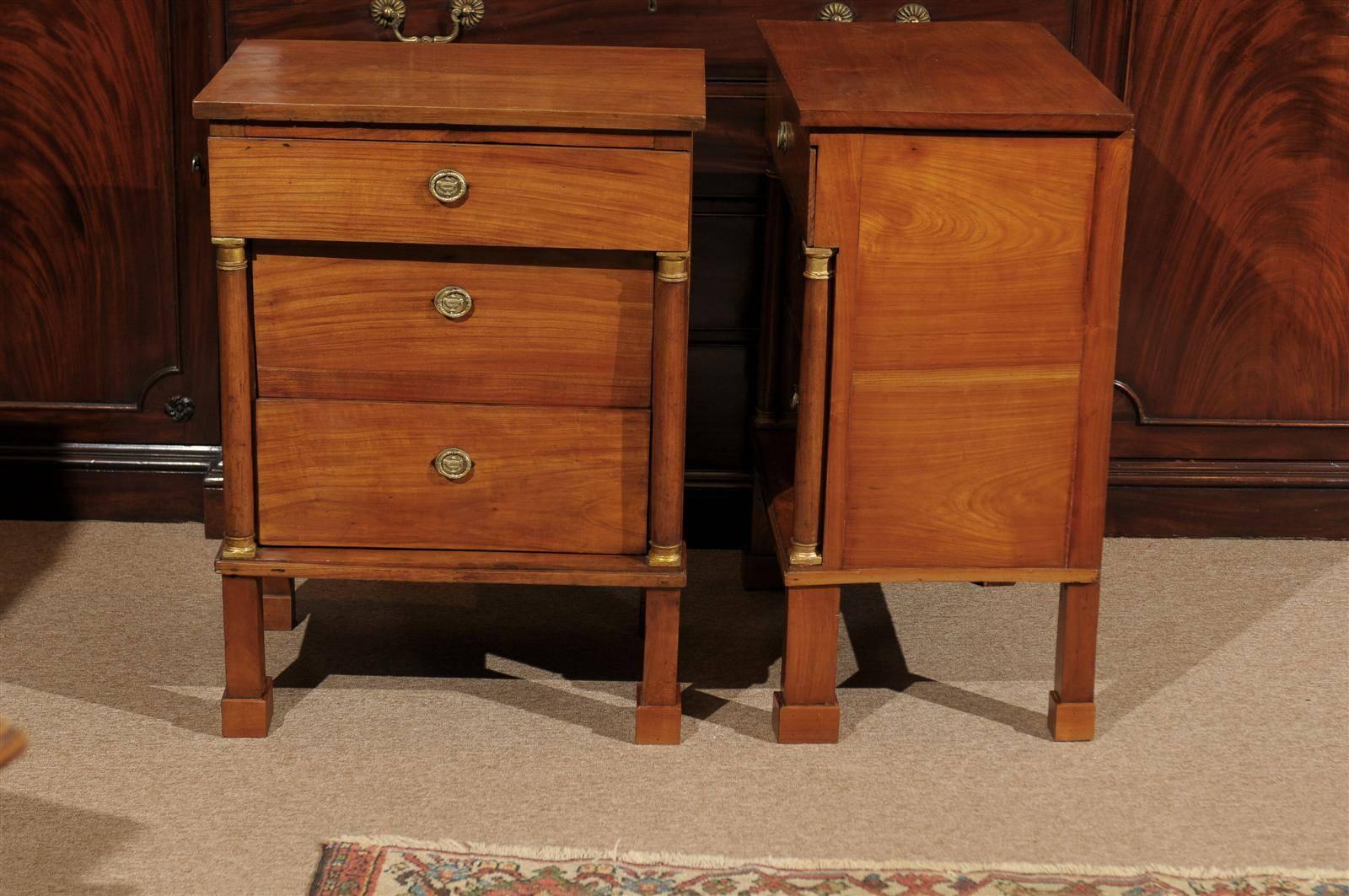 Pair of Italian Fruitwood Empire Bedside Commodes with 3 Drawers 6
