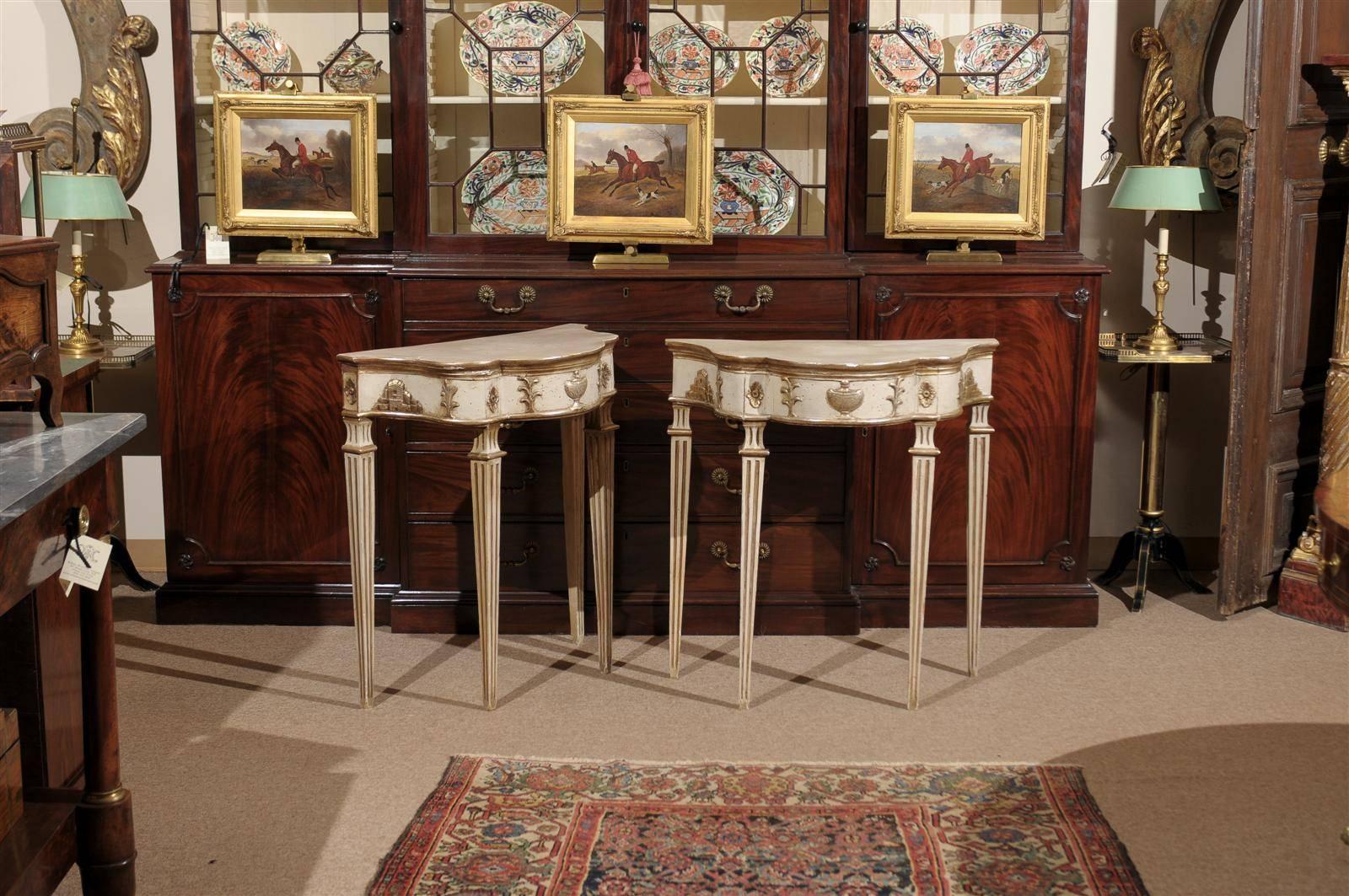 Pair of Italian Petite Painted and Silvered Neoclassical Consoles, Naples In Excellent Condition In Atlanta, GA