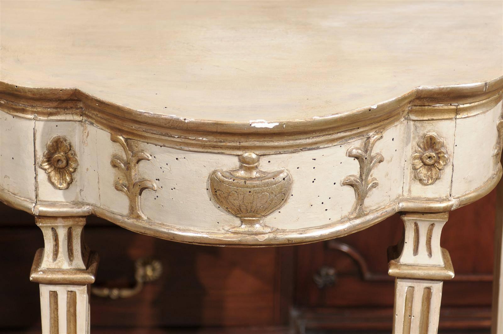 Pair of Italian Petite Painted and Silvered Neoclassical Consoles, Naples 1