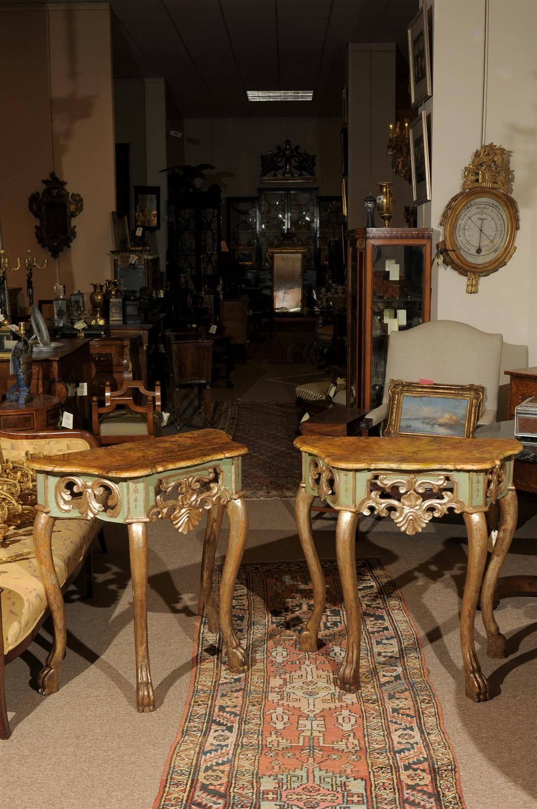 Italian Pair of Petite Painted & Polychrome Consoles with Faux Marble Tops, circa 1770