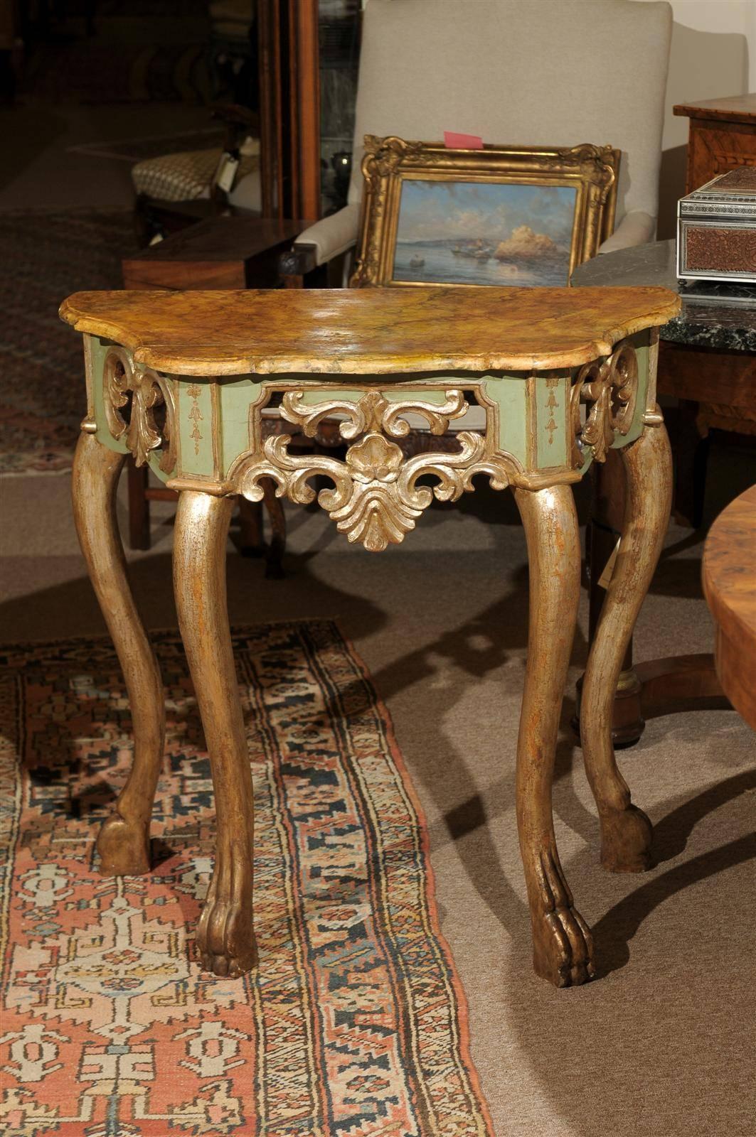 Pair of Petite Painted & Polychrome Consoles with Faux Marble Tops, circa 1770 In Excellent Condition In Atlanta, GA