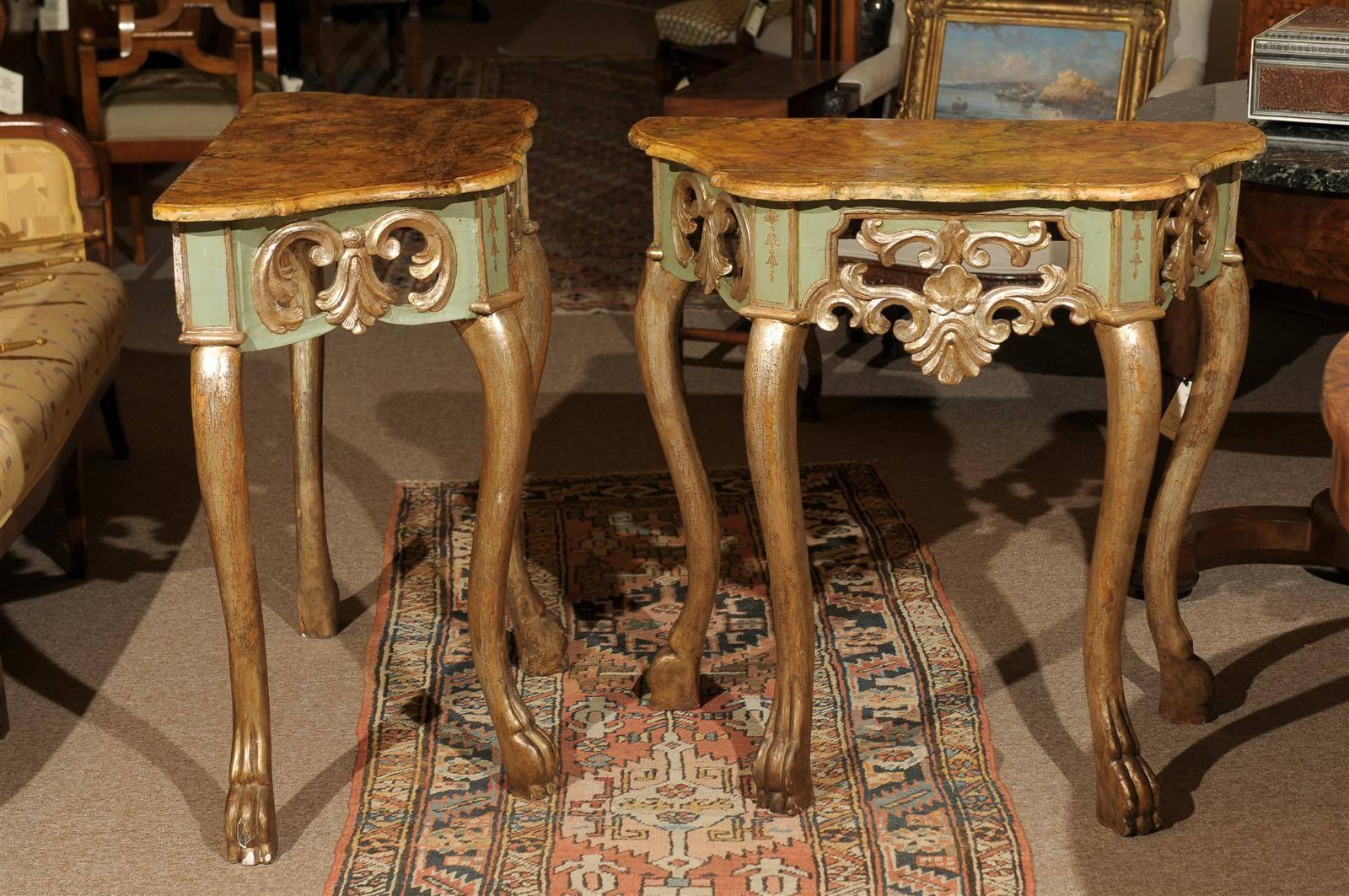 Pair of Petite Painted & Polychrome Consoles with Faux Marble Tops, circa 1770 5