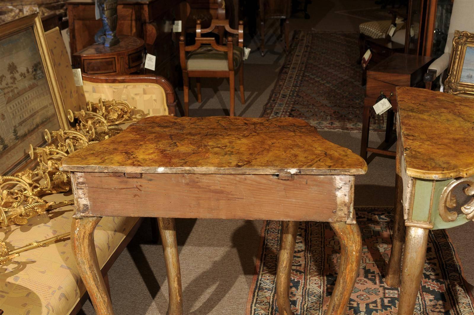 Pair of Petite Painted & Polychrome Consoles with Faux Marble Tops, circa 1770 4