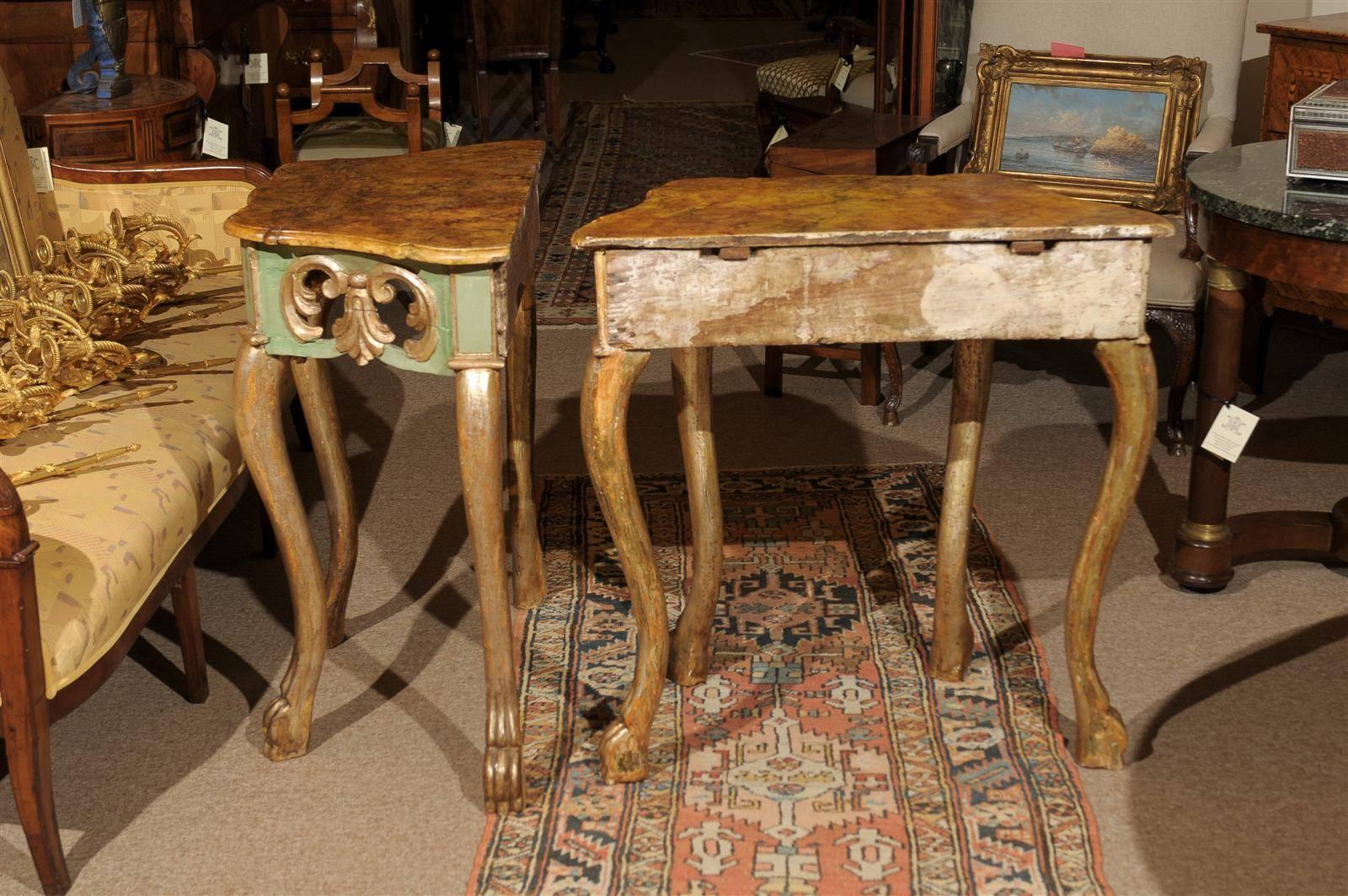 Pair of Petite Painted & Polychrome Consoles with Faux Marble Tops, circa 1770 3