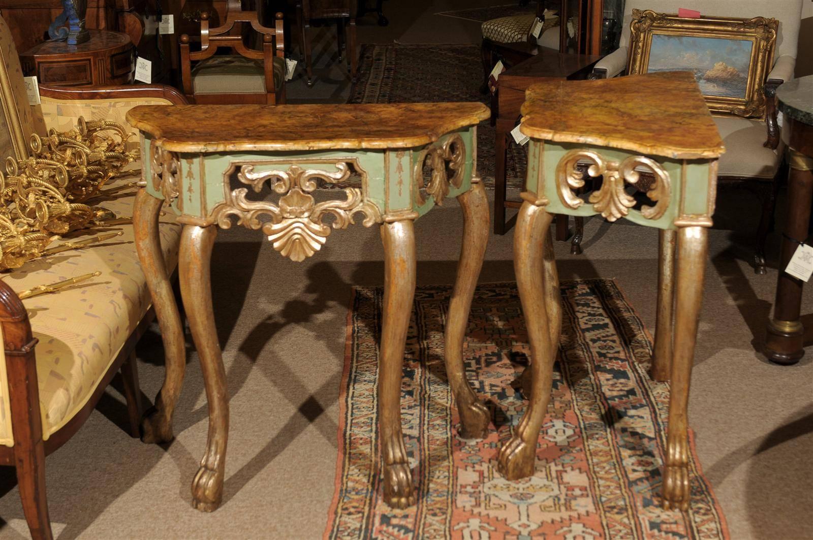 18th Century Pair of Petite Painted & Polychrome Consoles with Faux Marble Tops, circa 1770