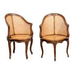 Pair of Cane & Walnut Louis XV Style Armchairs, France