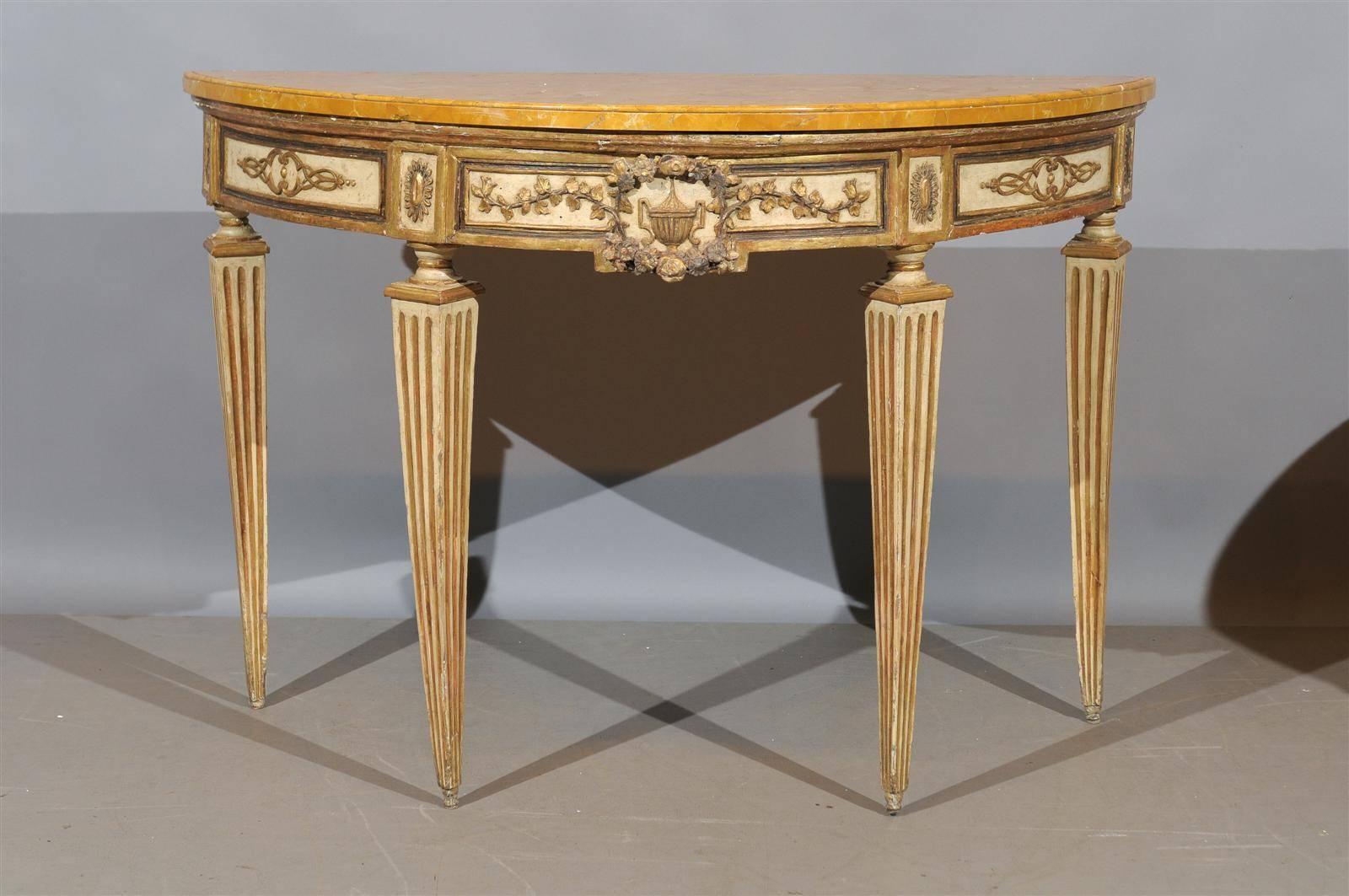 Italian Pair of Painted & Parcel Gilt Neoclassical Consoles Marble Tops, Naples Italy
