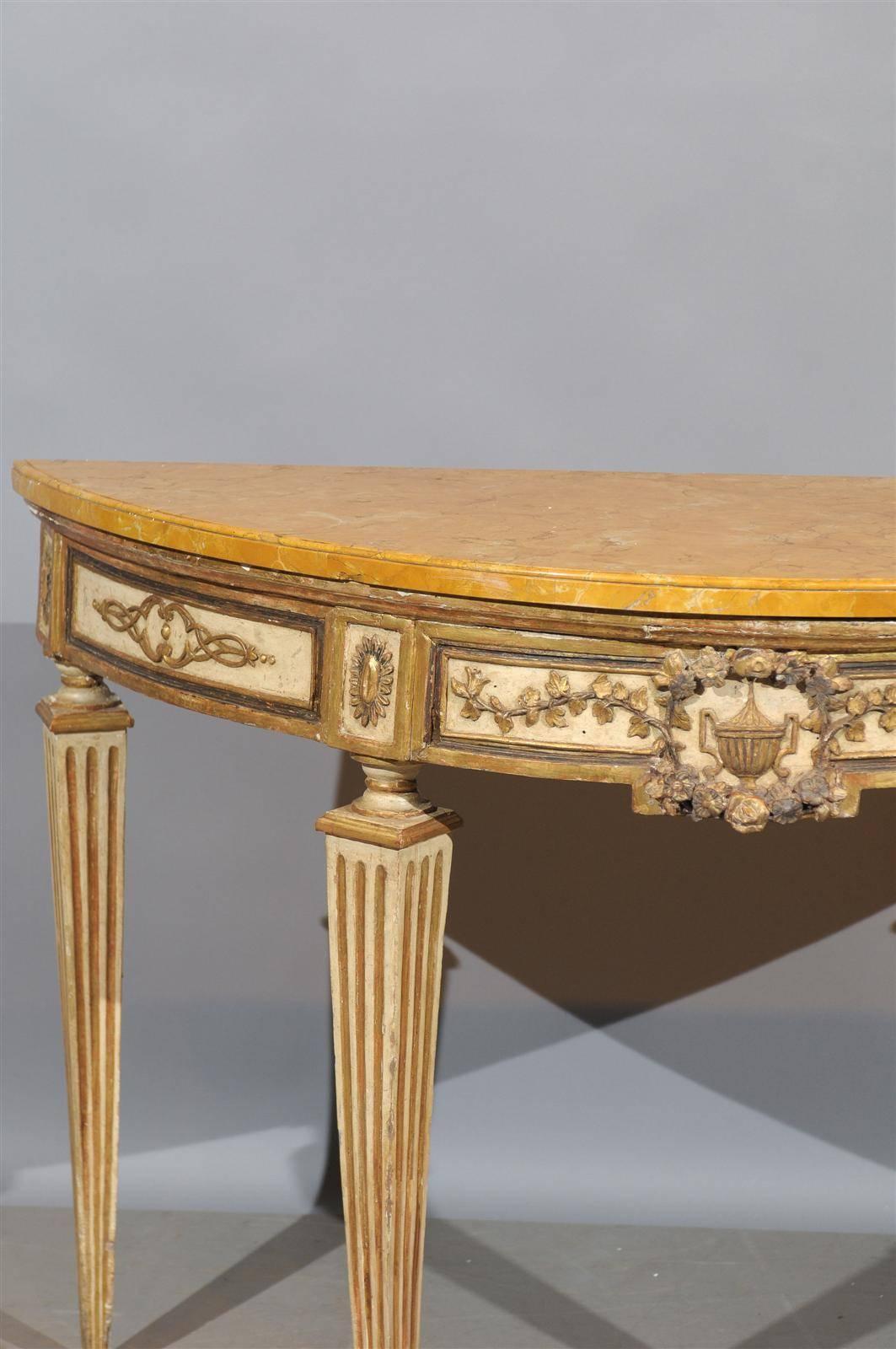 Pair of Painted & Parcel Gilt Neoclassical Consoles Marble Tops, Naples Italy 2
