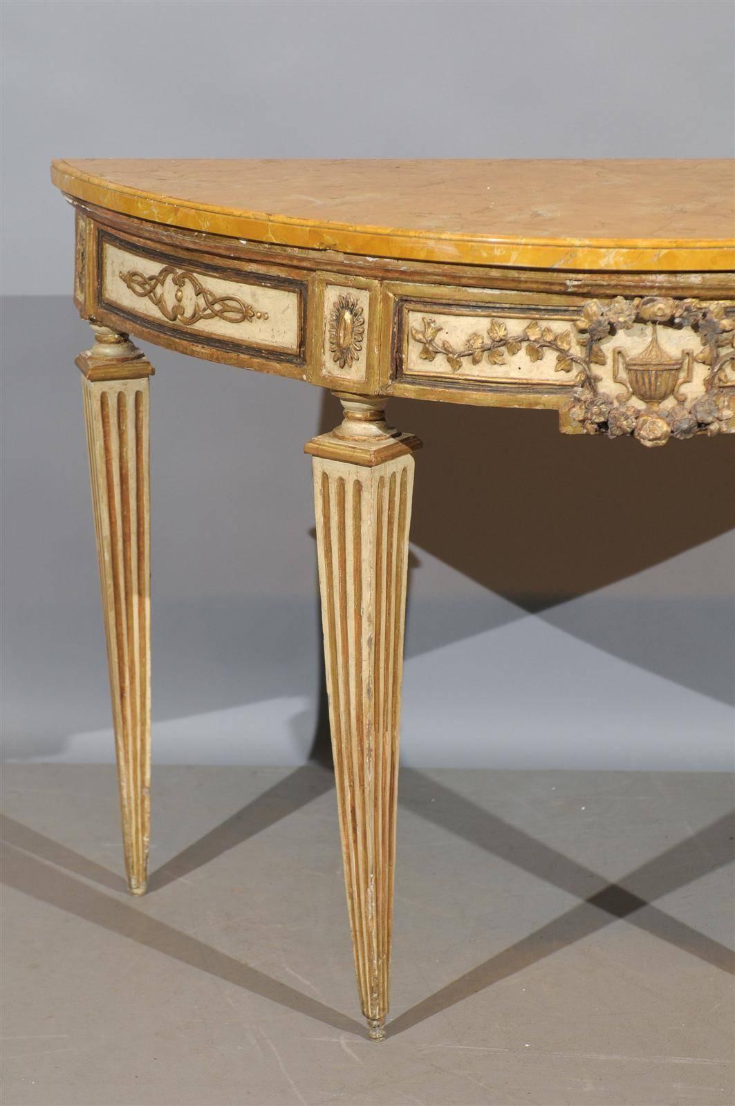 18th Century Pair of Painted & Parcel Gilt Neoclassical Consoles Marble Tops, Naples Italy