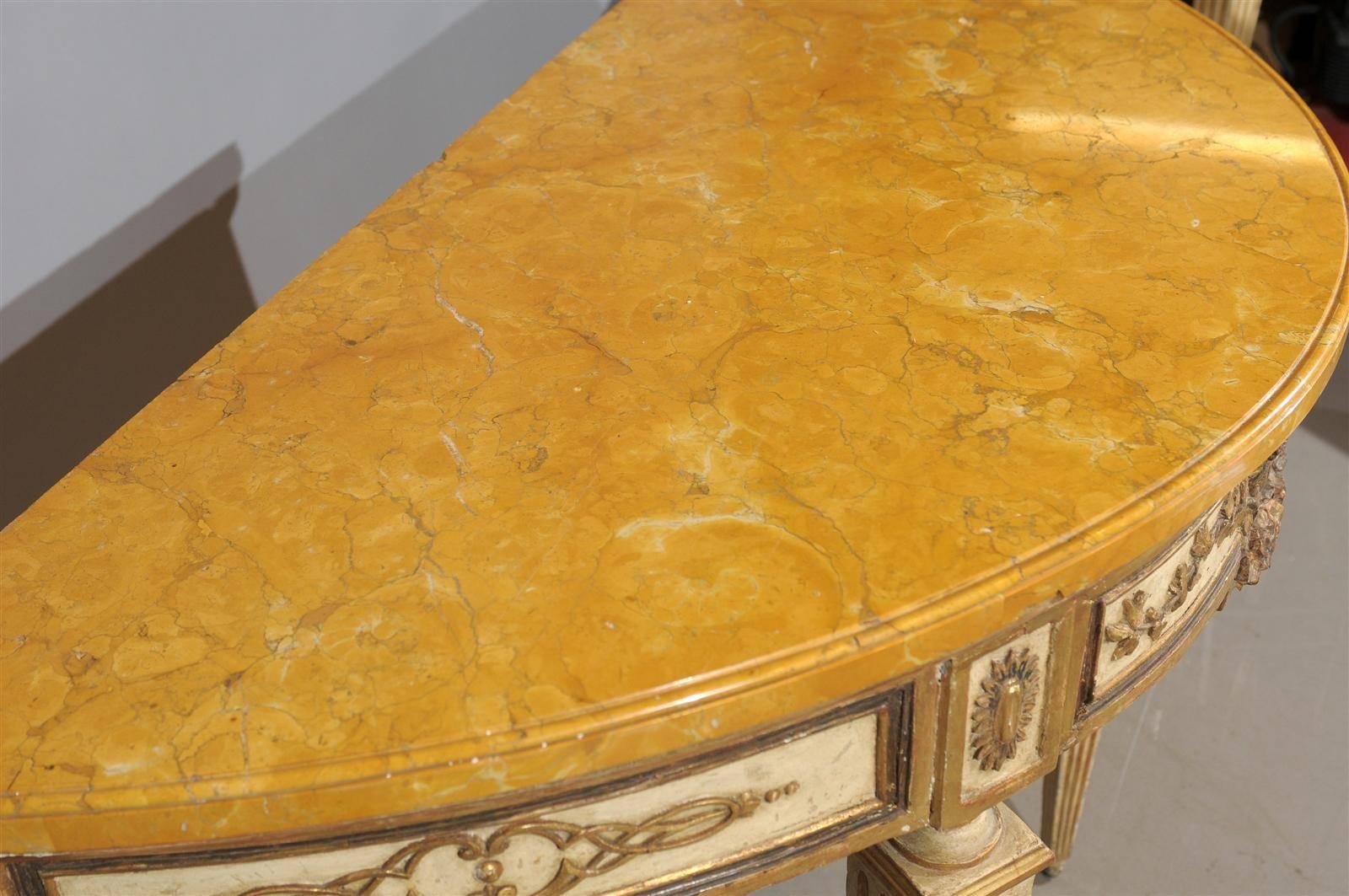 Pair of Painted & Parcel Gilt Neoclassical Consoles Marble Tops, Naples Italy 1