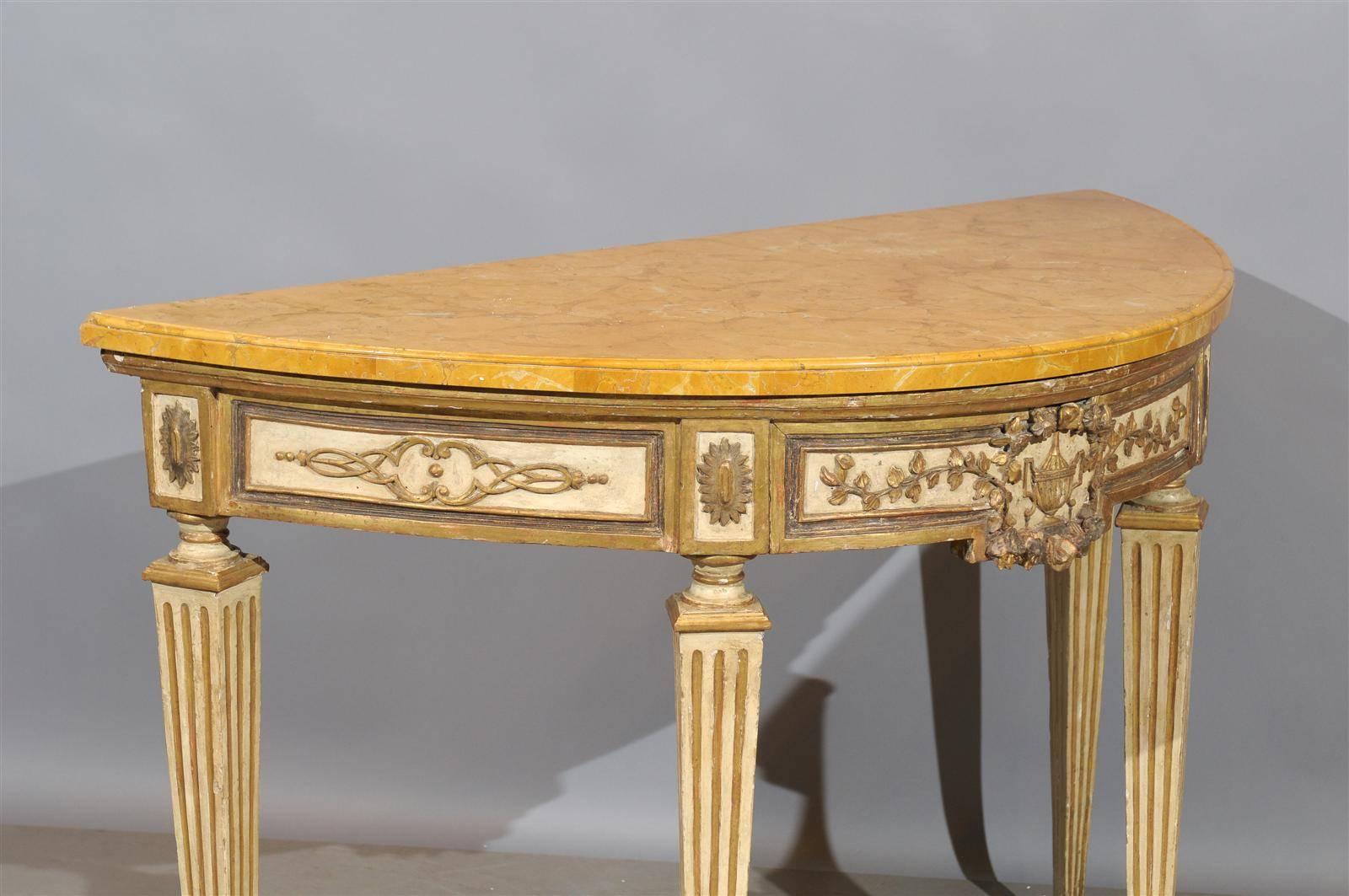 Pair of Painted & Parcel Gilt Neoclassical Consoles Marble Tops, Naples Italy In Excellent Condition In Atlanta, GA