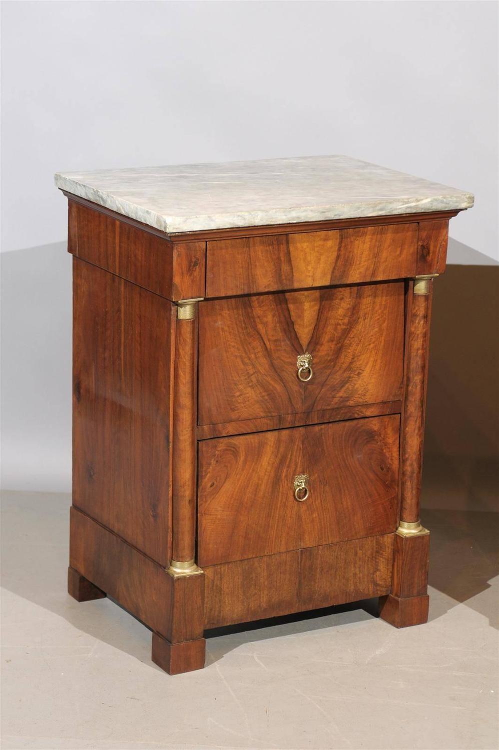 Pair of Bedside Empire Walnut Commodes with Grey Marble Tops at 1stdibs