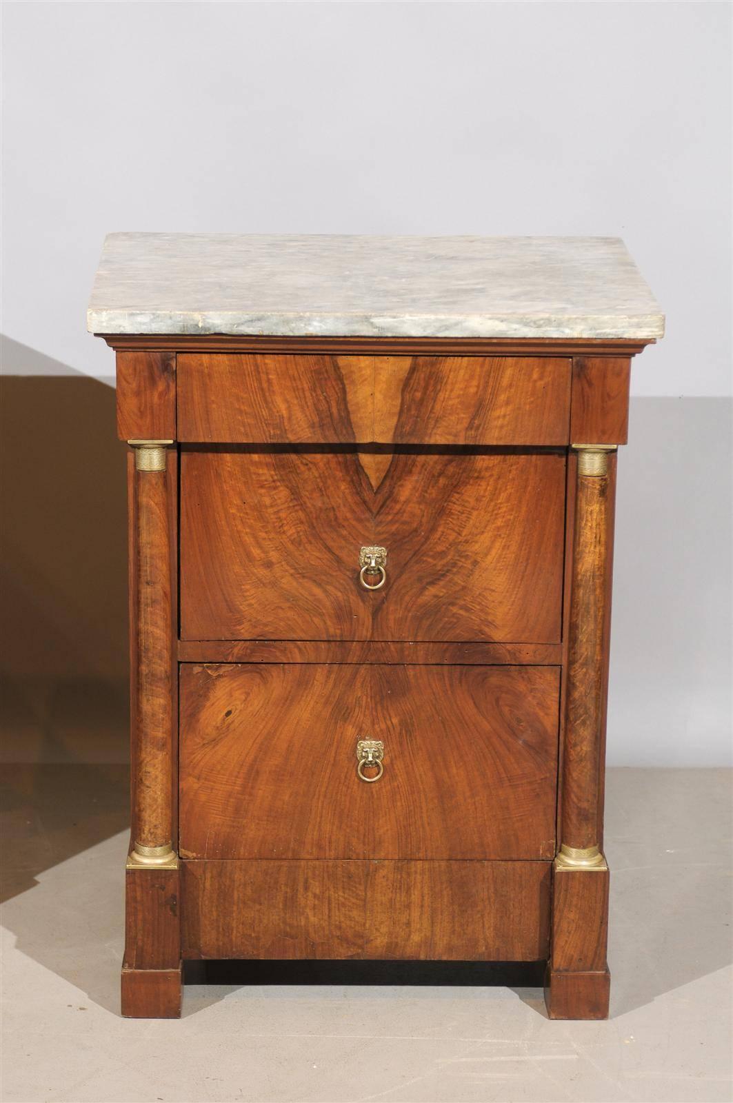 19th Century Pair of Bedside Empire Walnut Commodes with Grey Marble Tops