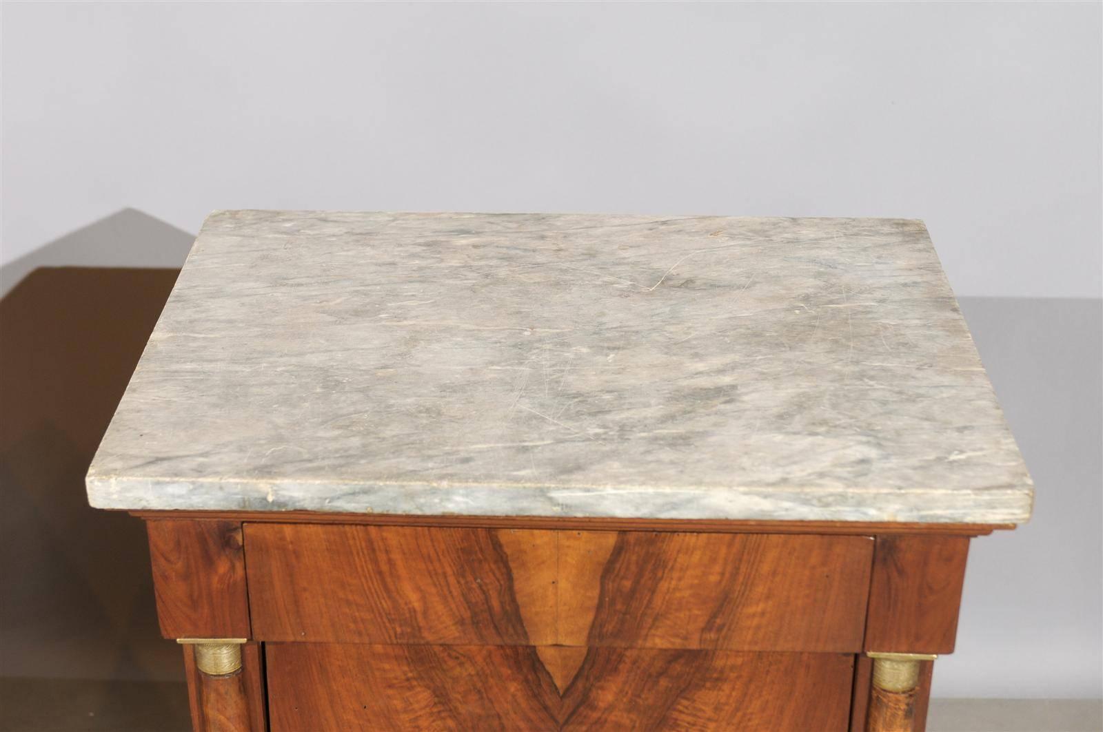 Pair of Bedside Empire Walnut Commodes with Grey Marble Tops 1