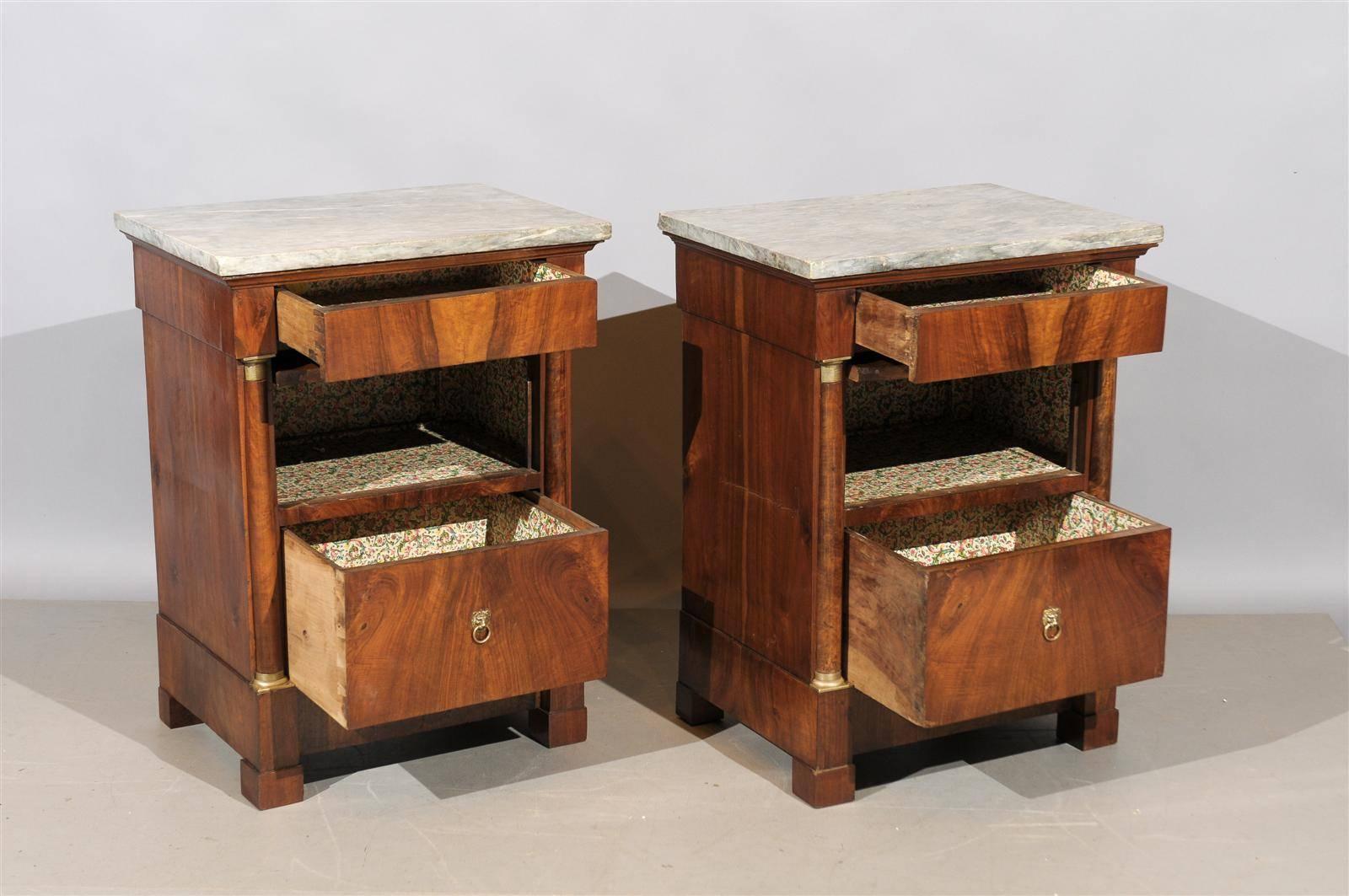 French Pair of Bedside Empire Walnut Commodes with Grey Marble Tops