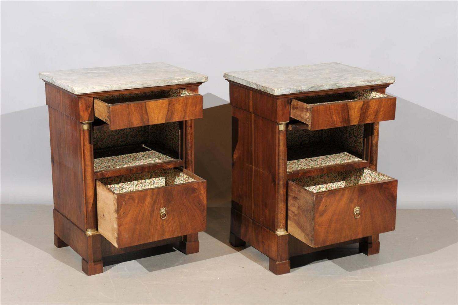 Pair of Bedside Empire Walnut Commodes with Grey Marble Tops at 1stdibs