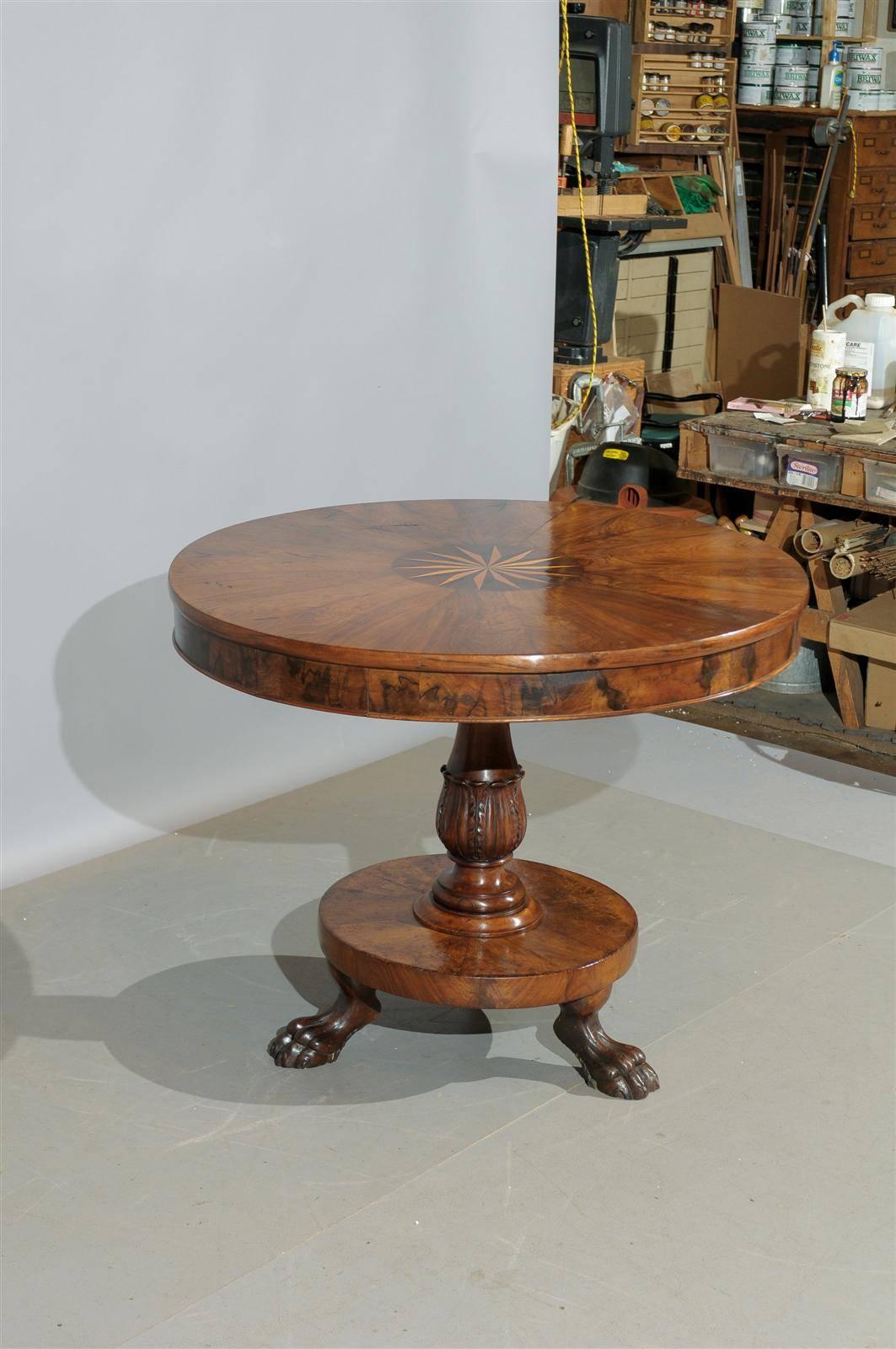 19th Century Italian Walnut Gueridon with Inlay & Paw Feet 4