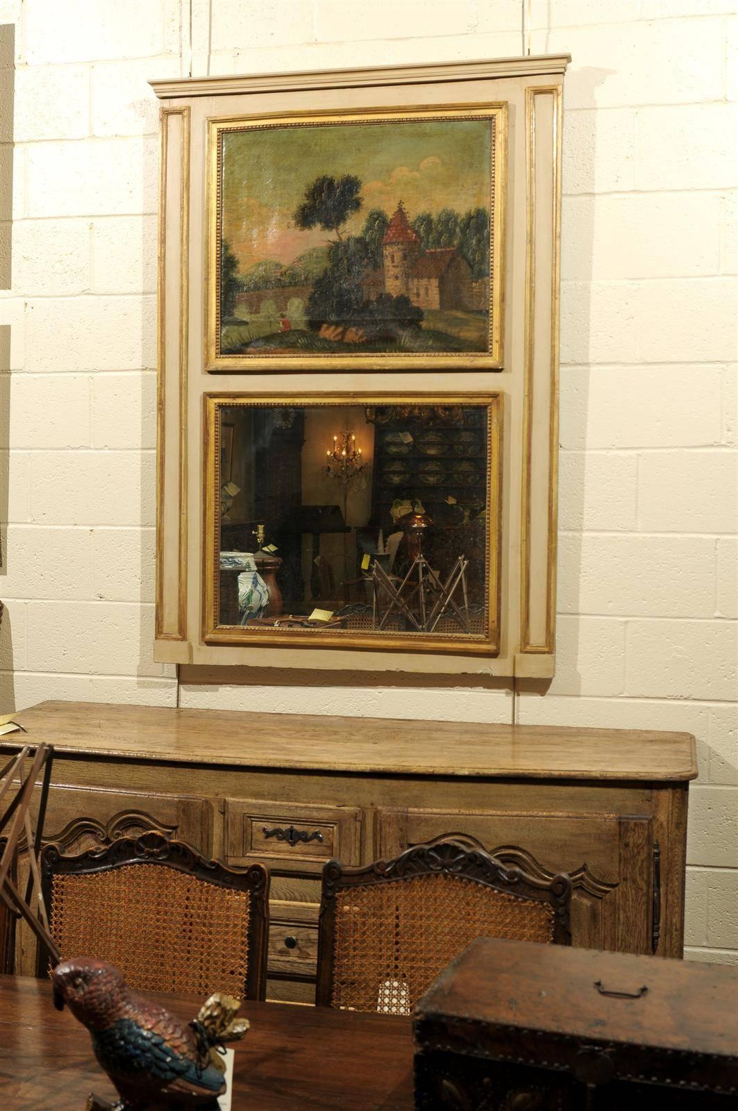 French Painted and Parcel-Gilt Trumeau Mirror with Landscape Painting In Excellent Condition In Atlanta, GA