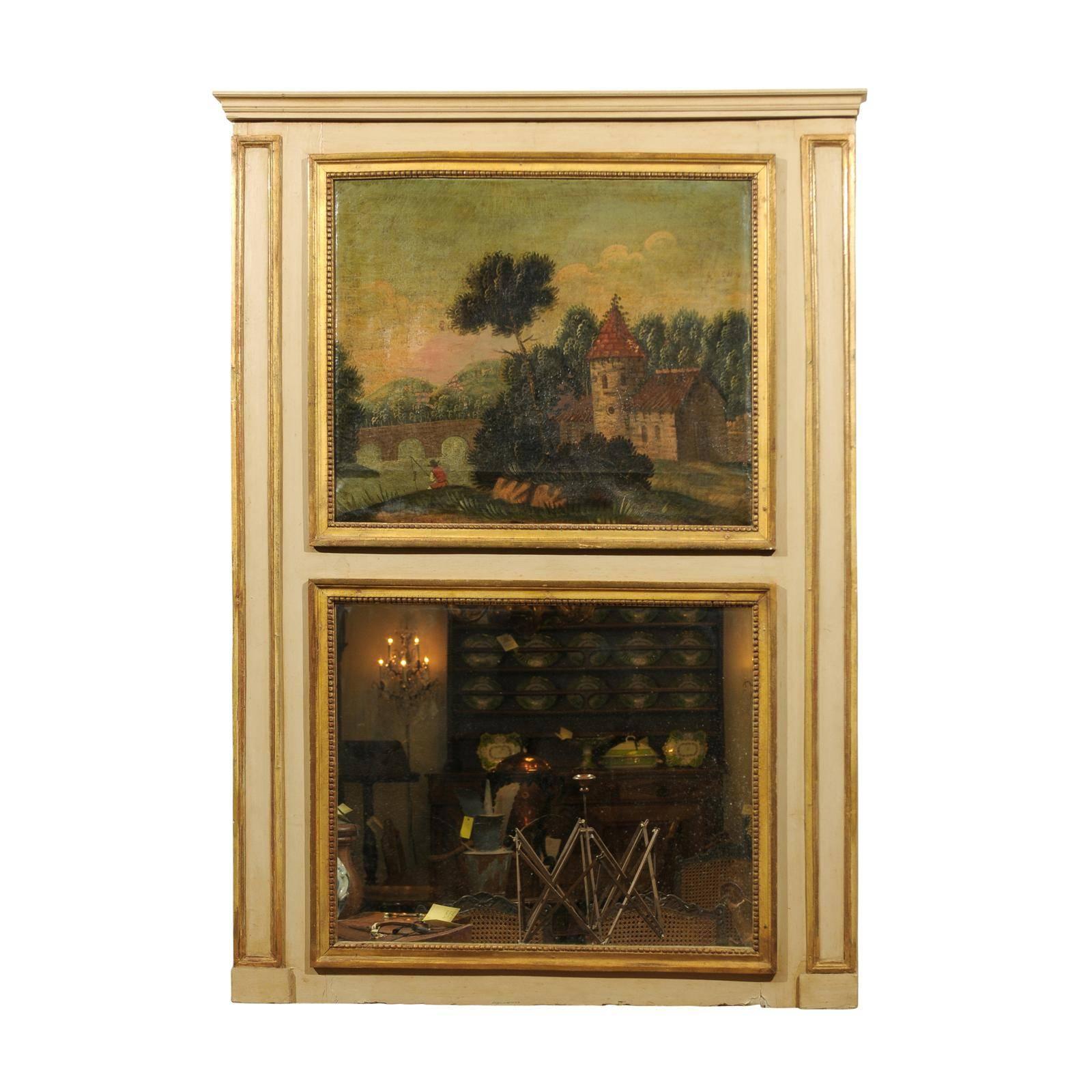 French Painted and Parcel-Gilt Trumeau Mirror with Landscape Painting