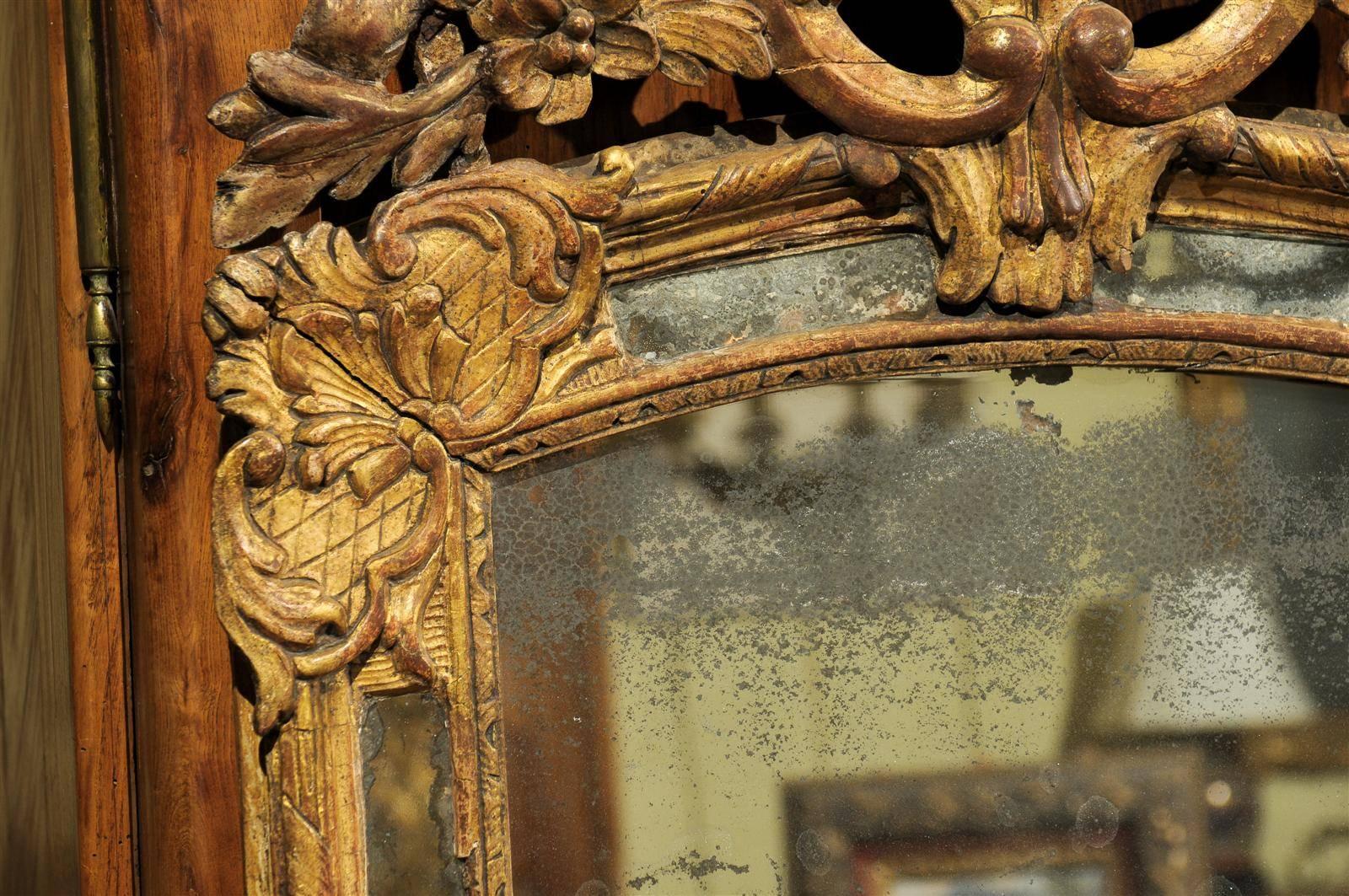 Early 18th Century French Giltwood Mirror with Flower Carving 6