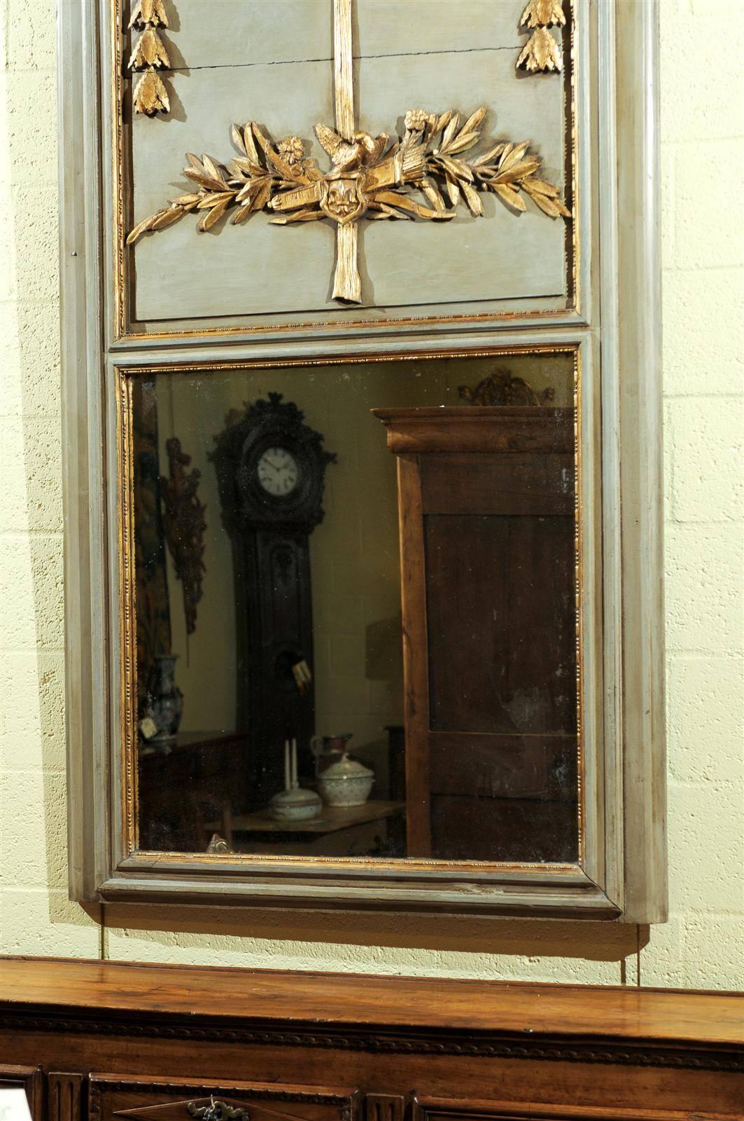 Wood Louis XVI Style Green Painted Trumeau Mirror with Doves and Laurel Leaves