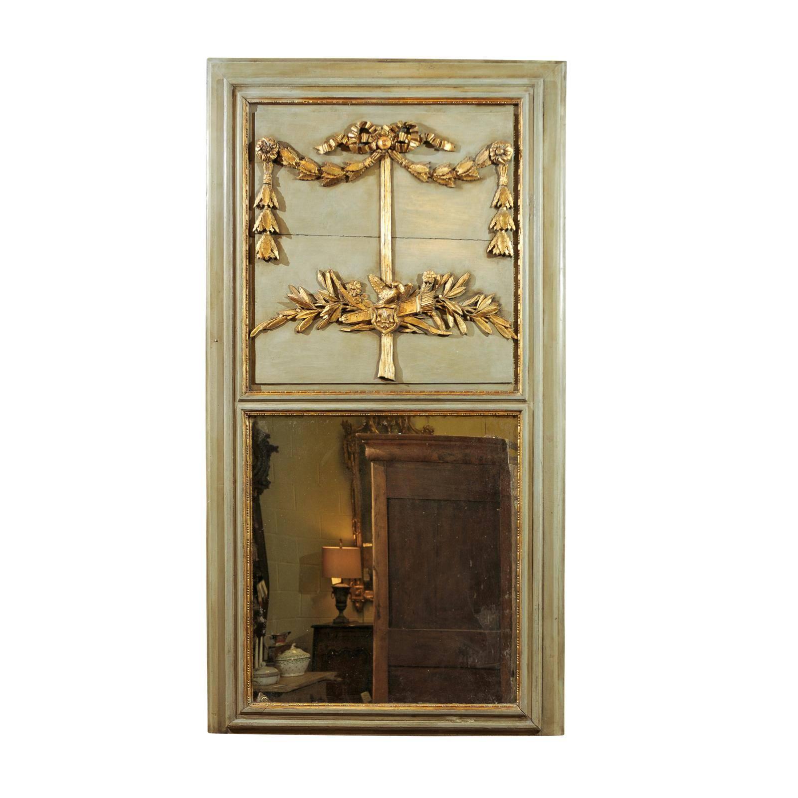 Louis XVI Style Green Painted Trumeau Mirror with Doves and Laurel Leaves