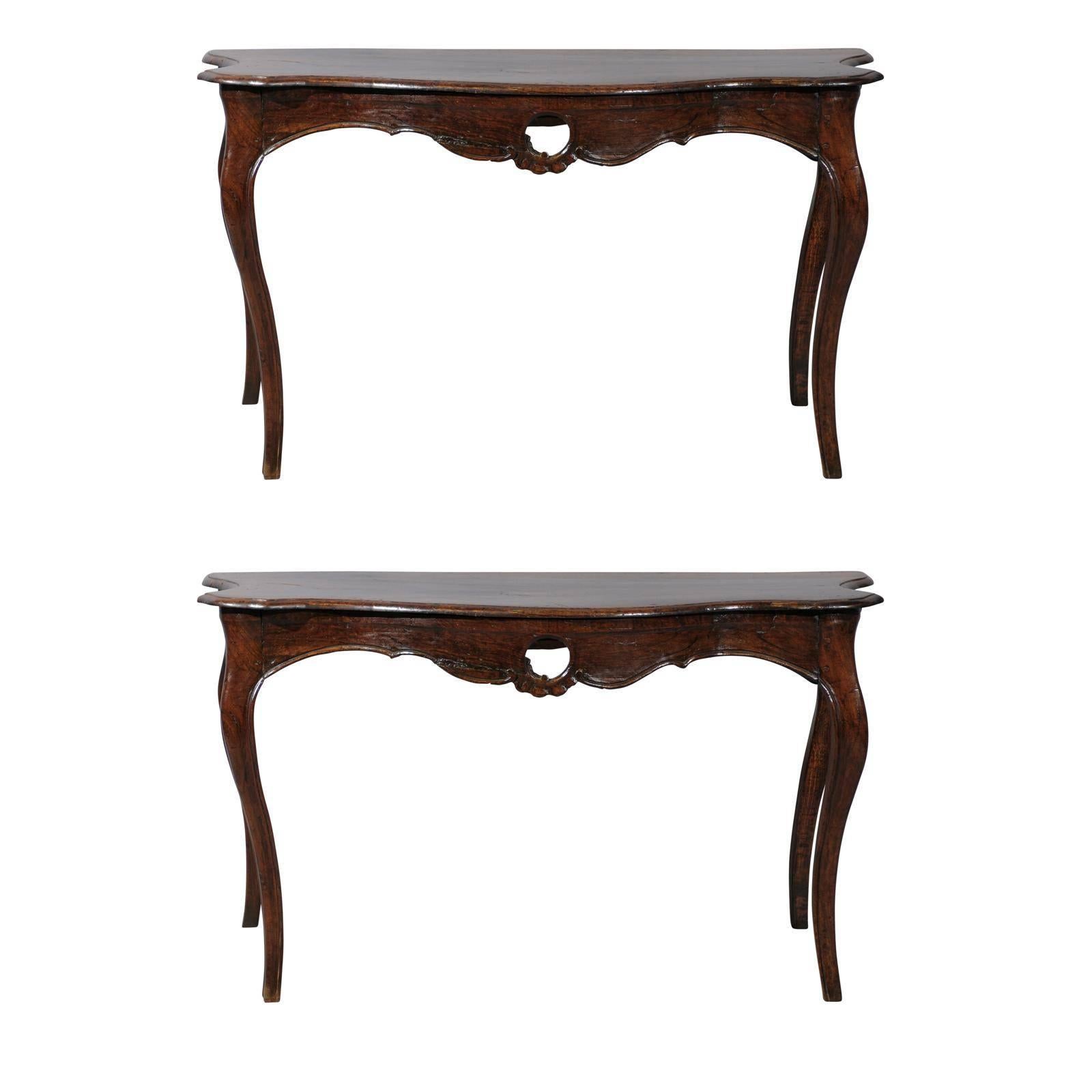 Pair of Large Rococo 18th Century Walnut Consoles, Italy