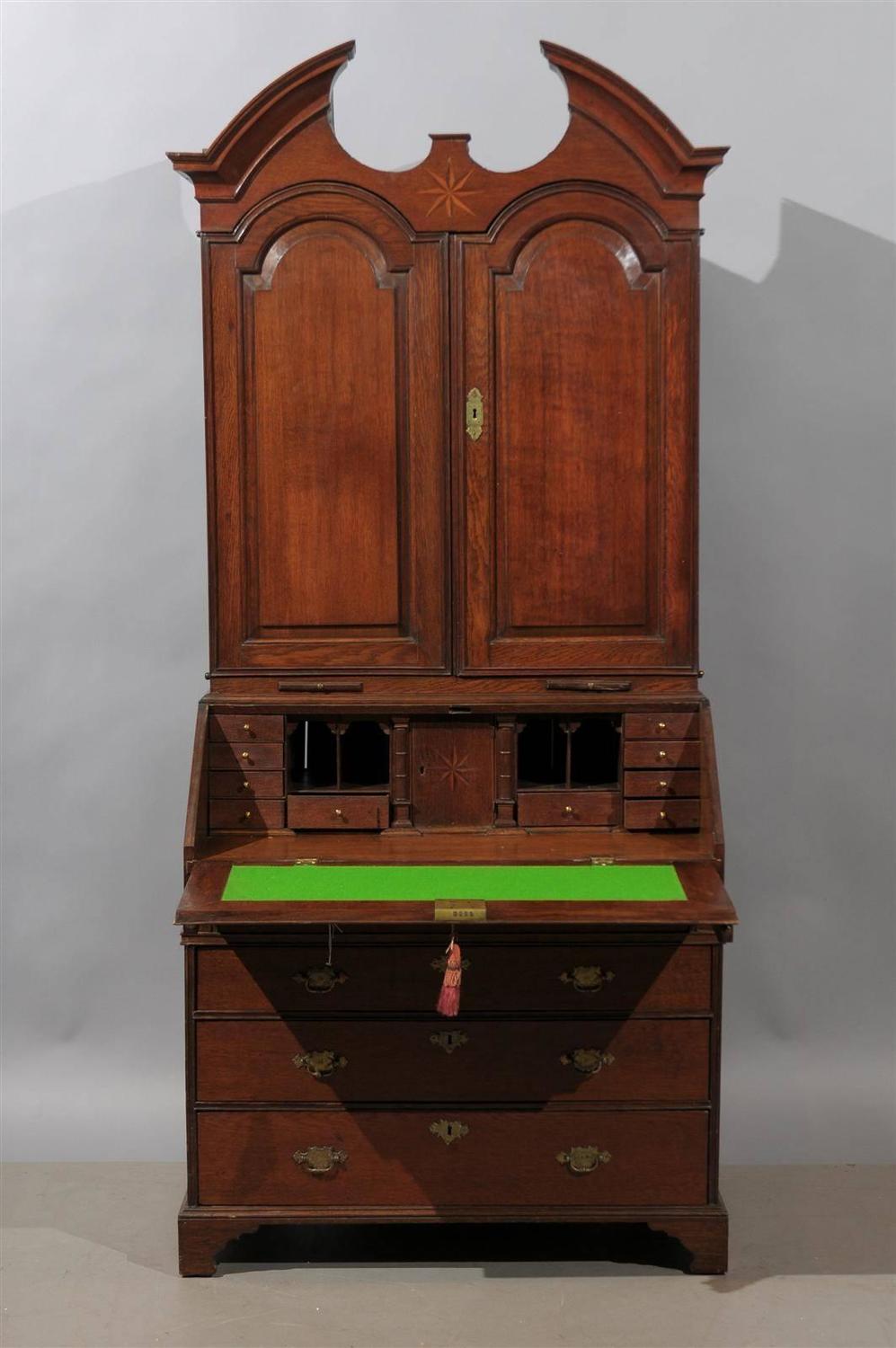 I Oak Bureau Bookcase with Broken Pediment and Blind Doors For