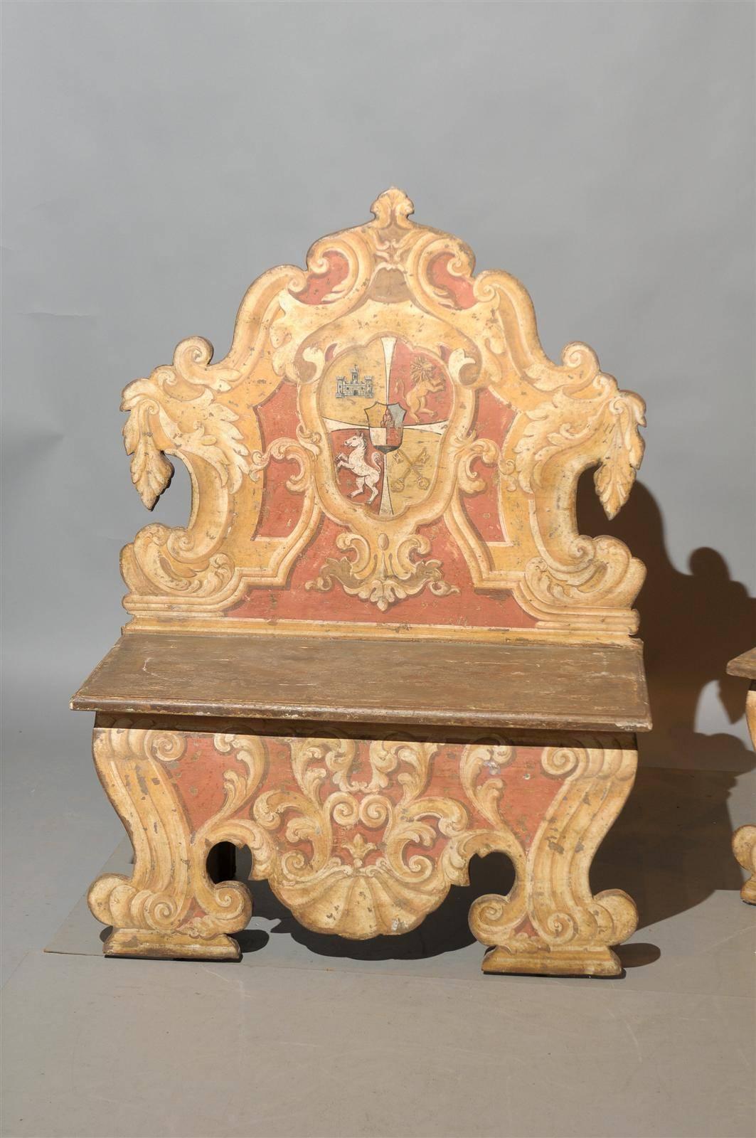 Pair of 19th Century Italian Painted Benches with Crests, Tuscany 1