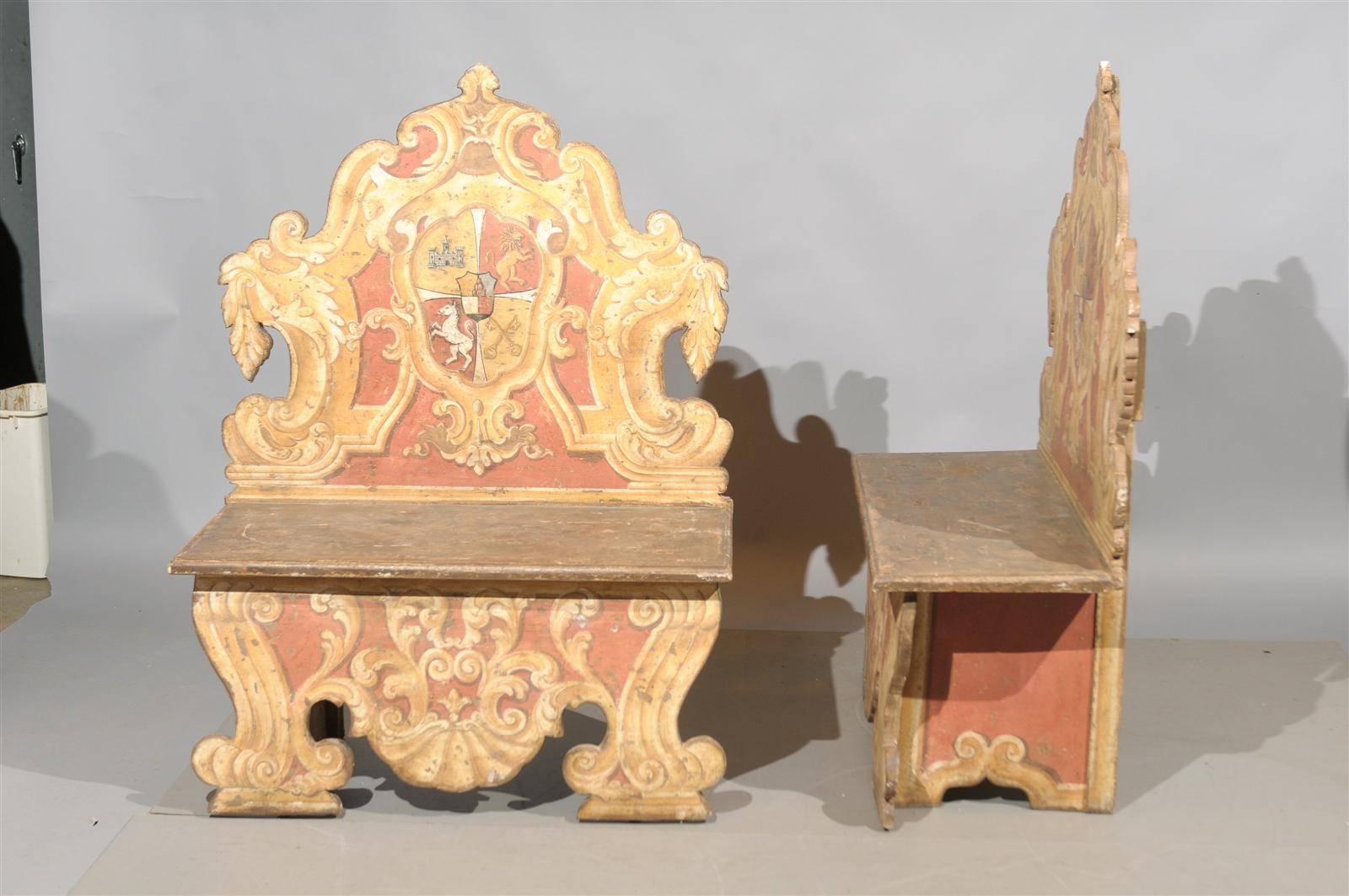Pair of 19th Century Italian Painted Benches with Crests, Tuscany In Excellent Condition In Atlanta, GA