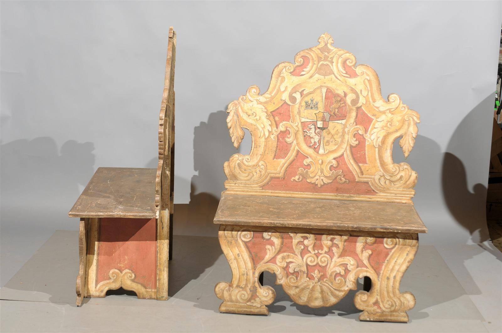 Pair of 19th Century Italian Painted Benches with Crests, Tuscany 2