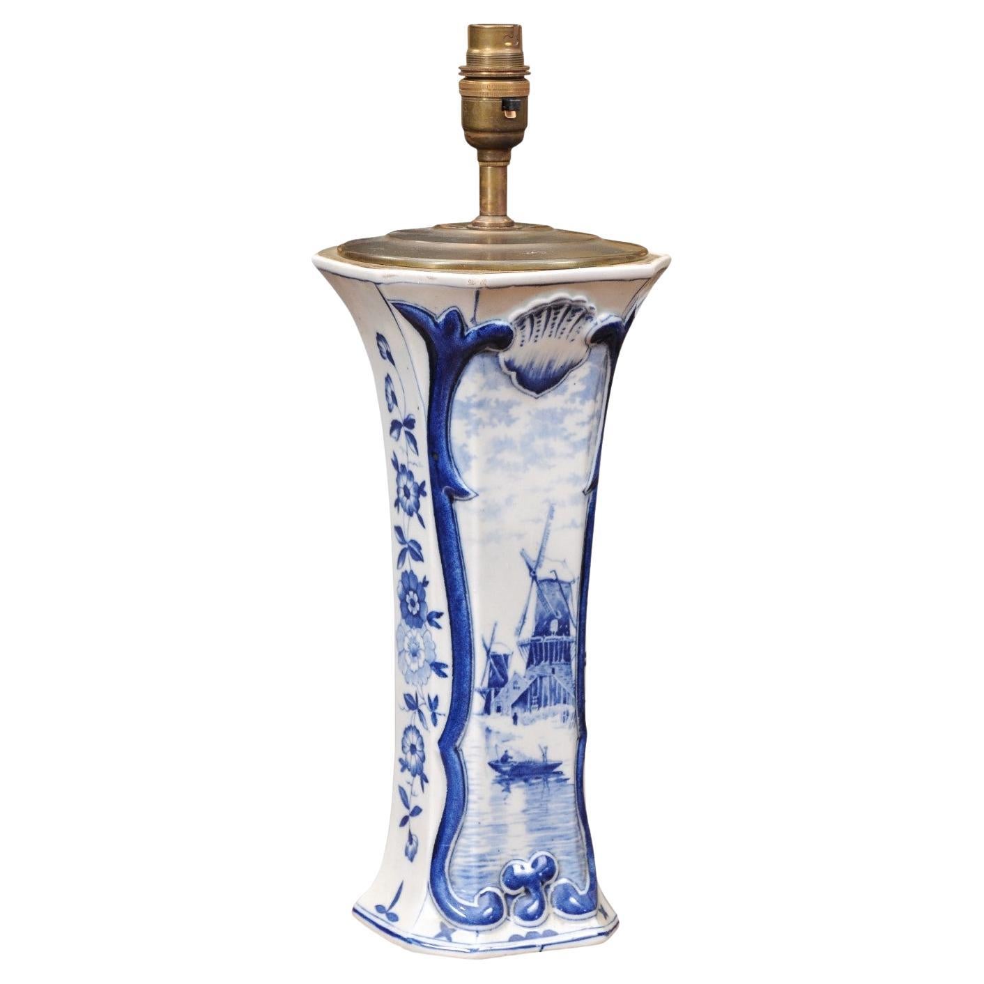 Große blau-weiße Delft-Vase aus dem 19. Jahrhundert, verdrahtet als Lampe