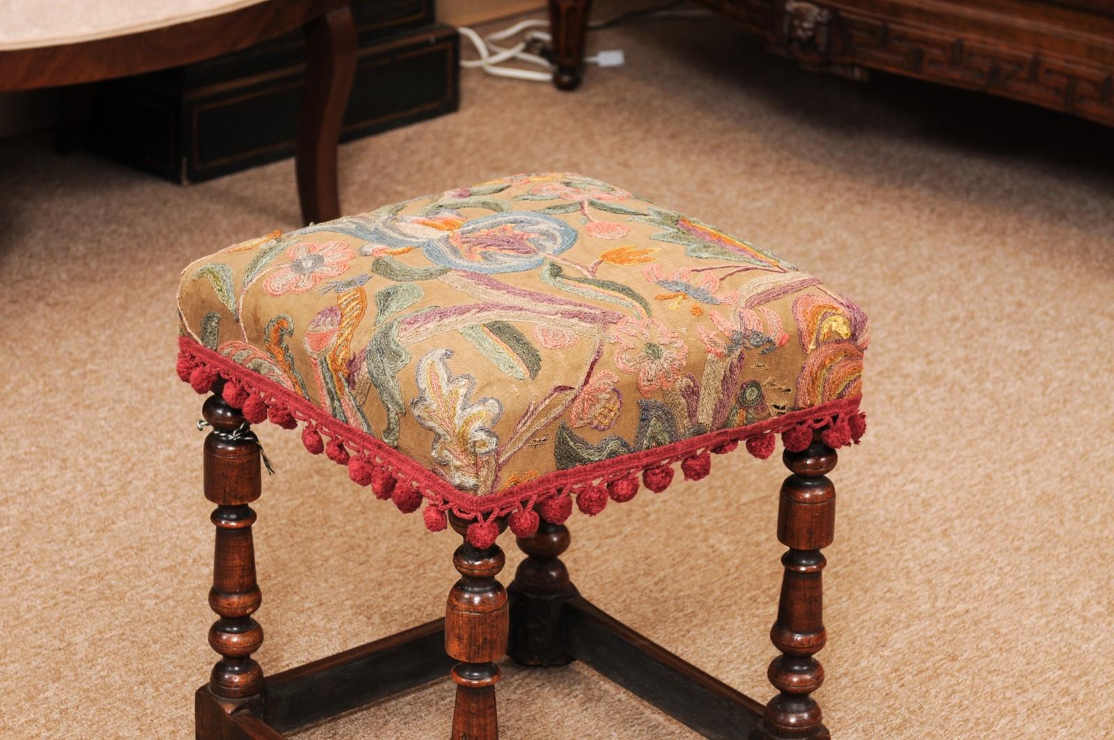 18th Century and Earlier 18th Century French LXIII Style Walnut Bench with Crewell Work Upholstery For Sale